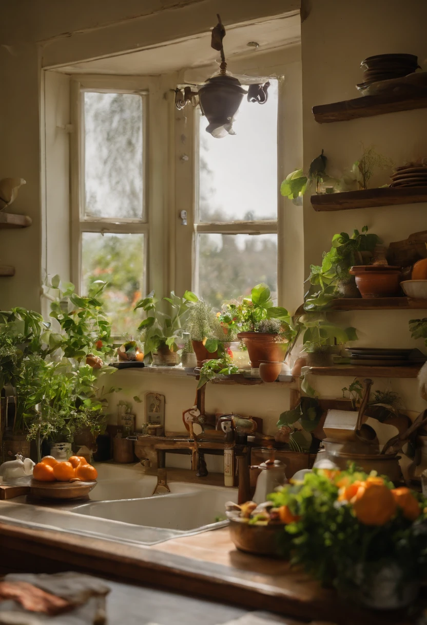 There is a kitchen with table, sink and window., cottagecore hippie, cottagecore, cottagecore!!, with flowers and plants, Colorful flowers and plants, Small kitchen, Cute kitchen, Romantic green, kitchin, Nature and floral aesthetics, Retro vintage and romanticism, House kitchen on a sunny day, Decorated with flowers