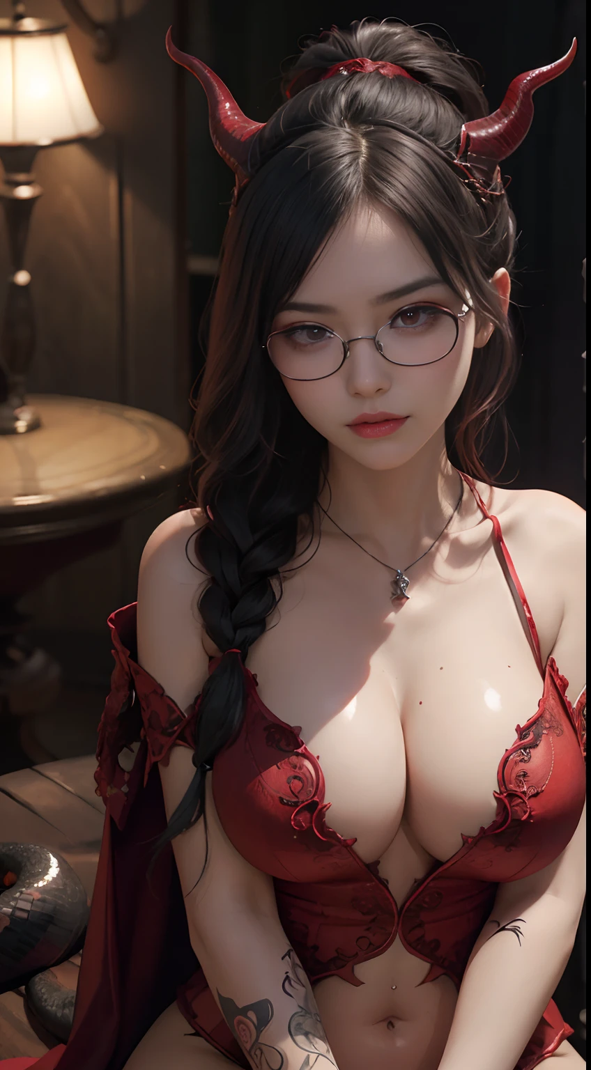 Fine、(The best illustrations)、8k UHD resolution、intricate-detail、top-quality、realisitic、ultra-detailliert、The best lighting、Best Shadows、Soft lighting、Ulutra HD、Ultra-realistic、Tindall Effect、Photorealsitic、(High Detail Skins:1.2)、 (Intricate details, makeup, pureerosface_v1:0.5), (Detailed beautiful delicate face, Detailed beautiful delicate eyes, A perfectly proportioned face, High detailed skin, Detailed skin, best ratio four finger and one thumb, arms below breasts, Tattoo with a red glow under the stomach、Awesome awesome, wide hips, smooth midriff, skiny and thin, __Fashion__, __hair__:1.25)、Digital SLR、 absurderes、1 beautiful devil woman from hell, surreal female portraits by David Hockney and Alphonse Mucha, Portrait of a seductive woman、Fantasy Art, Chinese Doll、Chinese actress、Dungeon、The dragon、Devil's Palace、Devil's Torture Chamber、natta、Dark style 、In the Dark、(Detailed spooky backgrounds:0.8), magia、 1人、Evil Nun、Dark Necromancer、Succubus、Devil's Daughter、Umi Shinonome、Bat Wings,(((Demon Horns)))、 ((((Huge glasses, Otaku Glasses, thick glasses, Round glasses)))),(((Colossal tits)))、(Devil's Tail)、(red eyes glowing:1.6)、red eyes make up very sharp and detailed, The eyes are very well made up, ((Red Eye:1.0)),intricate tattoos, demonic intricate tattoos, thigh tattoos, body tattoos, masterpiece、The most beautiful face、a baby face、Charming smile、plump beautiful red lips、Muscular seductive body、The enchanting body of the devil、devil style、Seductive Black Magic Costume、(((A shiny red snake is wrapped around her body)))、The long-haired、Braids、Black hair、Ponytail distortion、, Ponytail with a bow tied at the back of the hair, Beautiful expression、Body Up、Large breasts emphasis、Bust, Super tight breasts, Breast augmentation surgery, The breasts are very big and round and round,Toned waist、Wide buttocks、 lowkey, cowboy lens, (red phoenix dress: 1.0), devil crown, Red sparkling gemstone necklace、Jewelry Gwise, wearing black mesh socks,wearing a thin red and