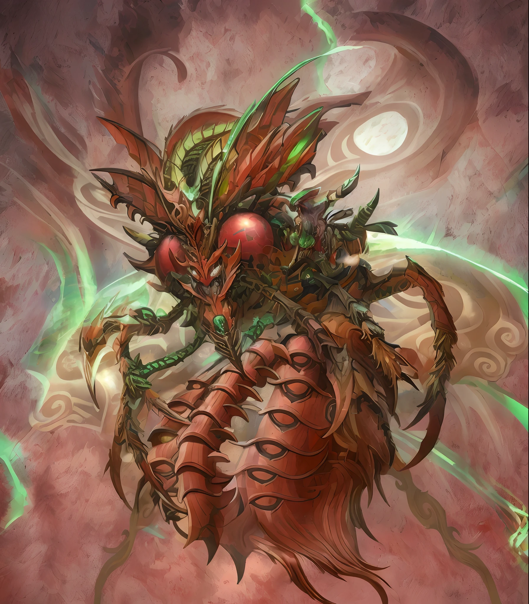 A close-up of a dragon with green eyes and a dragon-like body, vegetal dragon cyborg, quetzalcoatl, Templo del Dios Monstruo de la Cabeza de Mantis, beautiful biomechanical djinn, cyborg dragon portrait, insectoide, in an epic and intricate oroboros, Naga-tirr, Arte De Dragon Mawshot, Gran corruptor, Dragon Phoenix Medusa, colossal dragon as background