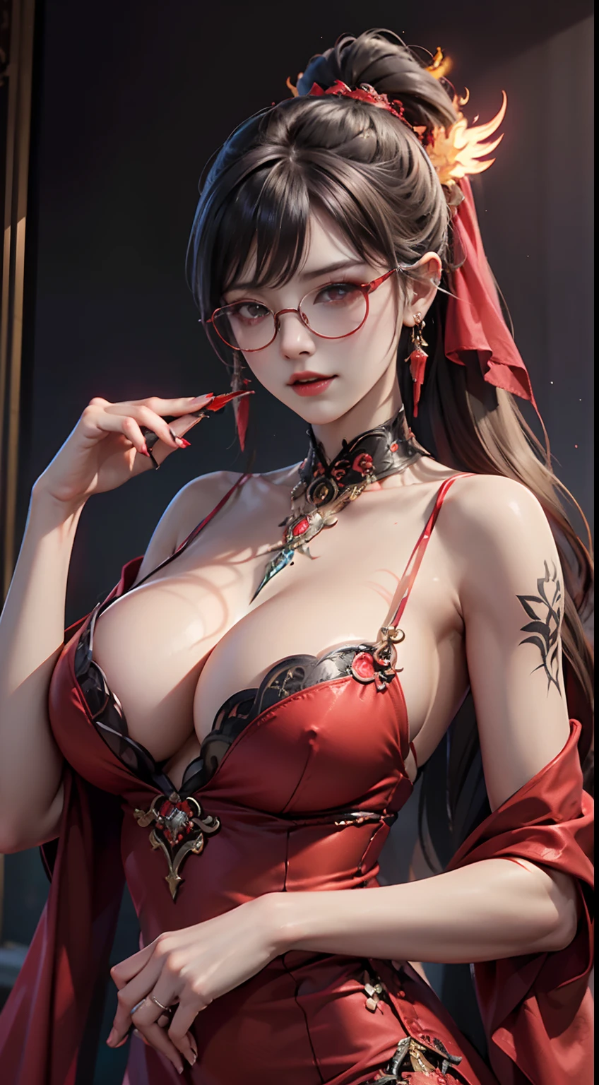 Fine、(The best illustrations)、8k UHD resolution、intricate-detail、top-quality、realisitic、ultra-detailliert、The best lighting、Best Shadows、Soft lighting、Ulutra HD、Ultra-realistic、Tindall Effect、Photorealsitic、(High Detail Skins:1.2)、 (Intricate details, makeup, pureerosface_v1:0.5), (Detailed beautiful delicate face, Detailed beautiful delicate eyes, A perfectly proportioned face, High detailed skin, Detailed skin, best ratio four finger and one thumb, arms below breasts, Tattoo with a red glow under the stomach、Awesome awesome, wide hips, smooth midriff, skiny and thin, __Fashion__, __hair__:1.25)、Digital SLR、 absurderes、1 beautiful devil woman from hell, surreal female portraits by David Hockney and Alphonse Mucha, Seductive Woman、Fantasy Art, Chinese Doll、Chinese actress、Dungeon、The dragon、Devil's Palace、Devil's Torture Chamber、natta、Dark style 、In the Dark、(Detailed spooky backgrounds:0.8), magia、 1人、Evil Nun、Dark Necromancer、Succubus、Devil's Daughter、Umi Shinonome、Bat Wings，(((Demon Horns)))、 ((((Huge glasses, Otaku Glasses, thick glasses, Round glasses)))),(((Colossal tits)))、(Devil's Tail)、(red eyes glowing:1.6)、red eyes make up very sharp and detailed, The eyes are very well made up, ((Red Eye:1.0)),intricate tattoos, demonic intricate tattoos, thigh tattoos, body tattoos, ​masterpiece、The most beautiful face、a baby face、Charming smile、plump beautiful red lips、Muscular seductive body、The enchanting body of the devil、devil style、Seductive Black Magic Costume、(((A shiny red snake is wrapped around her body)))、The long-haired、Braids、Black hair、Ponytail distortion、, Ponytail with a bow tied at the back of the hair, Beautiful expression、Body Up、Large breasts emphasis、Bust,  Super tight breasts, Breast augmentation surgery, The breasts are very big and round and round,Toned waist、Wide buttocks、 lowkey, cowboy lens, (red phoenix dress: 1.0),  devil crown,  Red sparkling gemstone necklace、Jewelry Gwise,  wearing black mesh socks,wearing a thin red and black robe, H