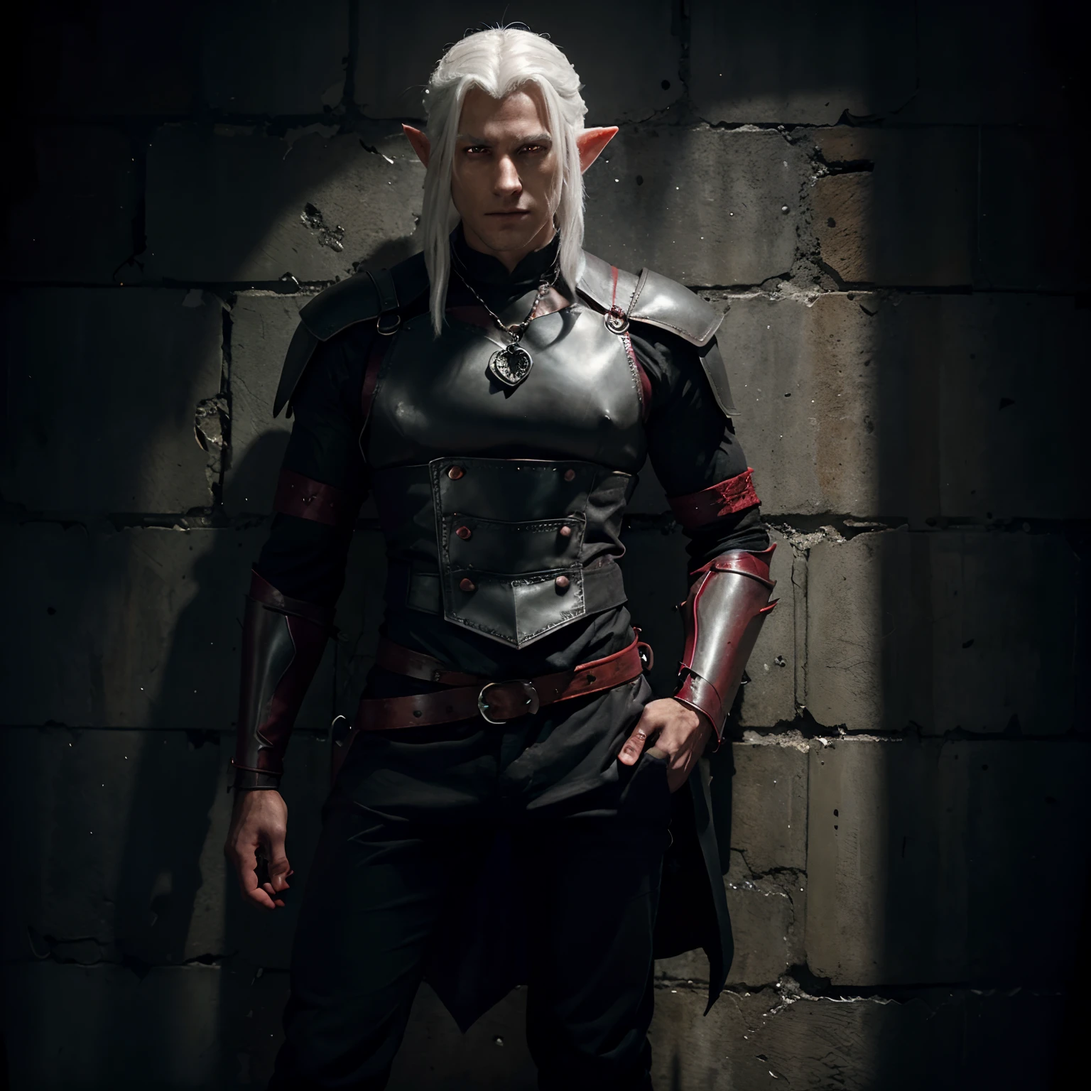 Handsome attractive male elf white hair. Vantablack color skin. glowing red eyes. Vampire hunter. Wearing a red armor vest.Shackled to prison wall, chains around neck. Bloody finger claws. Full body, red armor, black pants, black misty shadows flowing around him. Magic darkness