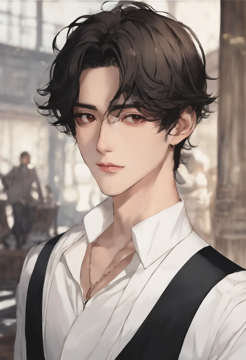 ​masterpiece、top-quality、ultra-detailliert、Official art、Beautifully Aesthetic、2boys(1.5)、a handsome、broad shoulder、close up of face、((Black chin hair))、portlate、slight blush on the cheeks、A slight smil、Look at viewers、((lazy eyes、Half Cap、Eye bags under the eyes、black eyes with white pupils,,))、suits、Brown and black hair、Rivals、glitch art:1.5、colourfull:1.5、watercolor paiting、In the topic "Sincerely: By Shinkai Makoto", Miyazaki style, 32K,ukiyoe painting