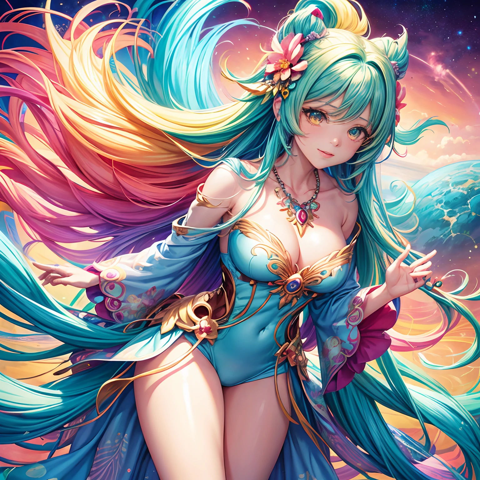 Close-up of a woman with colorful hair and necklace, anime girl with cosmic hair, The soft vitality of Rostus, Guviz-style artwork, Fantasy art style, Colorful], vibrant fantasy style, Vibrant Ross Comics, cosmic and colorful, Guviz, Colorful digital fantasy art, stunning art style, Beautiful anime style, White skin, pyjamas,
