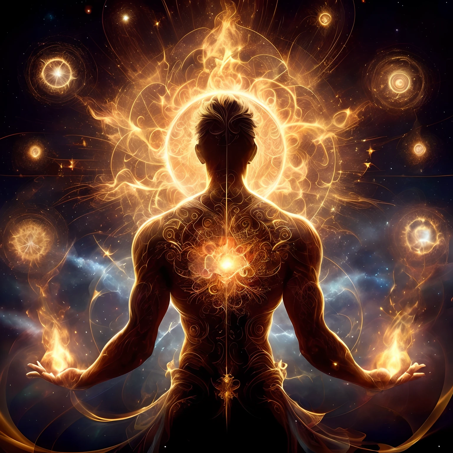 The back of a fairy-like man in front of the blazing sun,The body and arms glow, holy flame spell, Spiritual enlightenment, Boarded, emanating and flowing energy, enlightening. Intricate, radiating with power, cosmic enlightenment, radiating rebirth energy, glowing from within, Astral appearance, Holy energy, astral ethereal, Soul frequency, Elemental Guardians of Life, holy fire spell art