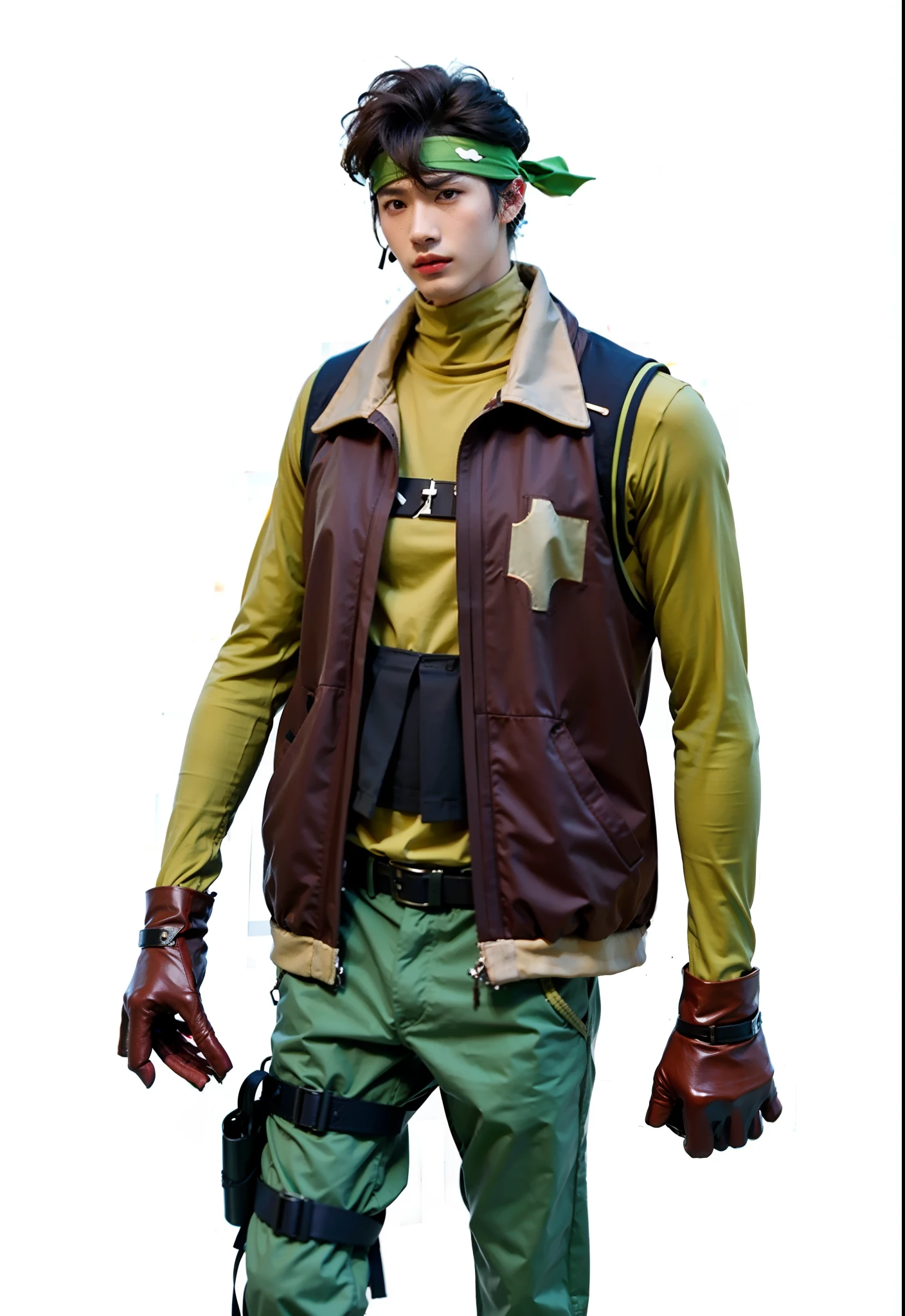 Japanese Male Character, cabelos pretos levemente cacheados, Camouflage headband tied around the head, colete de couro marrom, camiseta de mangas longas amarela, luvas de couro marrons, greenish pants, Black Accessories & Belt