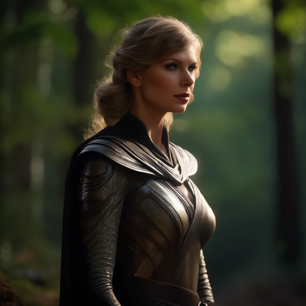 Taylor Swift as a jedi "Sith" character from Star Wars. Fiercely looking at the camera. medium full shot, cinematic photography in a dynamic pose. wears black sith suit. a utility belt. backdrop is a mystical forest. she has red lighsaber. Dramatic cinematography, star wars style poster. 8K, looking at camera, sc-fi photography, high definition, eye-catching detail. 8k, HD, cinematography, photorealistic, epic composition, Unreal Engine, Cinematic, Color Grading, Ultra-Wide Angle, Depth of Field, hyper-detailed, beautifully color-coded, insane details, intricate details, beautifully color graded, Unreal Engine, Cinematic, Color Grading, Editorial Photography, Photography, Photoshoot, Depth of Field, DOF, White Balance, 32k, Super-Resolution, Megapixel, ProPhoto RGB, VR, Halfrear Lighting, Backlight, Natural Lighting, Incandescent, Optical Fiber, Moody Lighting, Cinematic Lighting, Studio Lighting, Soft Lighting, Volumetric, Contre-Jour, Beautiful Lighting, Accent Lighting, Global Illumination, Screen Space Global Illumination, Ray Tracing Global Illumination, Optics, Scattering, Glowing, Shadows, Rough, Shimmering, Ray Tracing Reflections, Lumen Reflections, Screen Space Reflections, Diffraction Grading, Chromatic Aberration, GB Displacement, Scan Lines, Ray Traced, Ray Tracing Ambient Occlusion, Anti-Aliasing, FKAA, TXAA, RTX, SSAO, Shaders, OpenGL-Shaders, GLSL-Shaders, Post Processing, Post-Production, Cel Shading, Tone Mapping, CGI, VFX, SFX, insanely detailed and intricate, hypermaximalist, elegant, hyper-realistic, super detailed, dynamic pose, photography subtle makeup, golden hour, photorealistic, high contrast, 8k HD, detailed, hyper-detailed, realistic skin texture, large breast, best quality, ultra high res, raw photo, dramatic lighting, unreal engine, diffuse glow, outdoor, realistic detailed dark forest