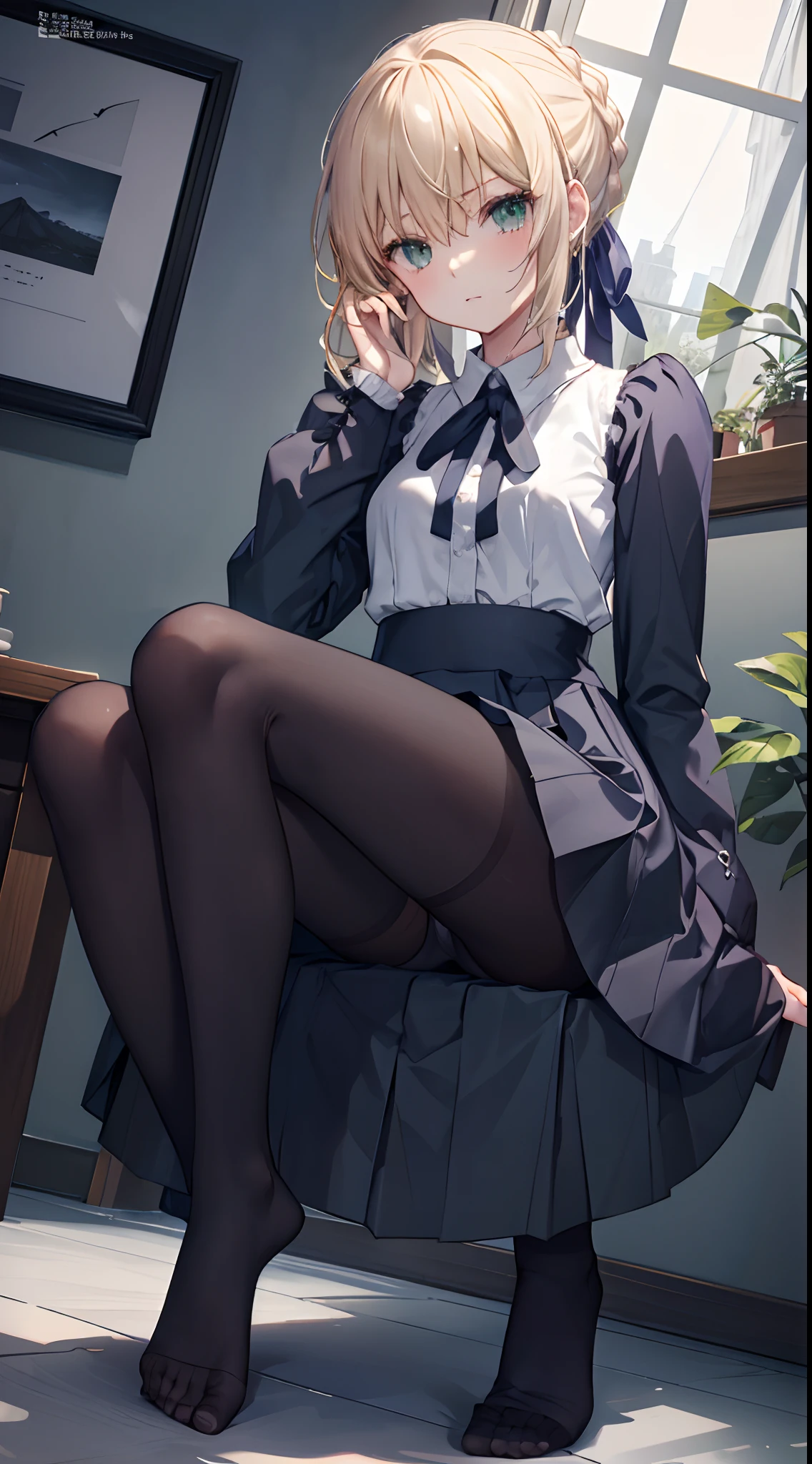 ccsaber, blonde hair, green eyes, ahoge, white shirt, blue skirt, black pantyhose、masterpiece、top-quality、best、超A high resolution、Full body portrait、intricate-detail、An ultra-fine illustrations、perfect anatomia、Correct anatomy、perfectly proportions、face perfect、Hands are2Boken、perfect hand、The feet are in2Boken、perfect foot、Perfect fingers、Small toes、Precise size and balance of upper and lower body、18year old、Schoolgirl with mature body type、A high school girl with long、1人、Whole body from head to leg、full body Esbian、small tits、Small toes、Small toes、No shoes、laying on back、M-shaped legs、Opening legs、Inter-strands、Facing the front、Composition from below、Composition from the front、Panchira、Inner thigh-sitting、Sit on the floor with bent knees and legs open、Front-facing、Lower body facing forward、Slender feet、Slender thighs、Slim toes、Lying on a white bed facing the front、Slender feet、legs slightly open、Sleeping in a big letter、Legs are spread、Hands are slightly raised、Panting face about to cry、red blush、Embarrassed look、A slightly sad look、Black_Wearing white panties inside stockings、Wearing white panties inside black transparent stockings、Wearing white panties inside black stockings、Wearing white panties inside black pantyhose、Wearing white panties inside black lace pantyhose、Wearing white panties inside stockings with black lenses、Wearing black light pantyhose and white panties、Wearing black transparent pantyhose and white panties、No shoes、No shoes on、pure white under black stockings,,,_panties on、Panties are visible through a navy blue pleated skirt、Pure white bra、Underwear、Bedrooms、in a house、during daytime、(small tits)、((full body Esbian))、masterpiece、(top-quality)