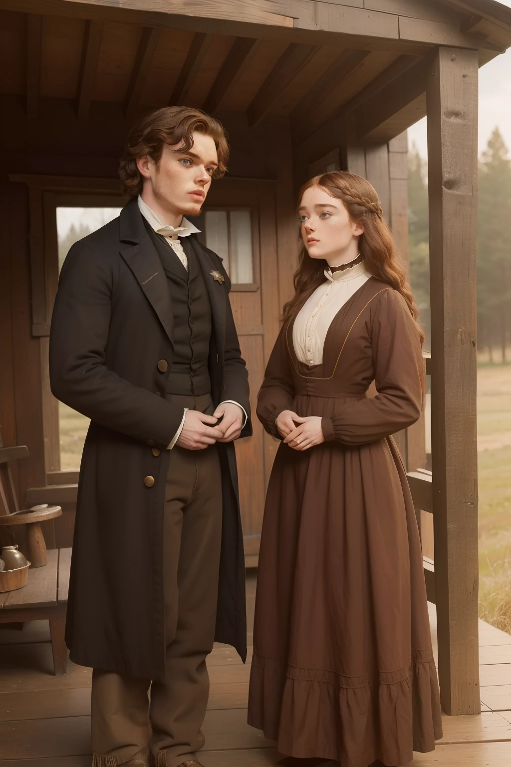 year: 1841. Location: Illinois. Pre-Raphaelite scene with a 23-year-old ((Richard Madden)), with Dakota Fanning, in front of a wooden cabin, ((((Clothing from the 1840s)))) ((Hairstyle of the 1840s)), ((("OMITB" cinematography)))