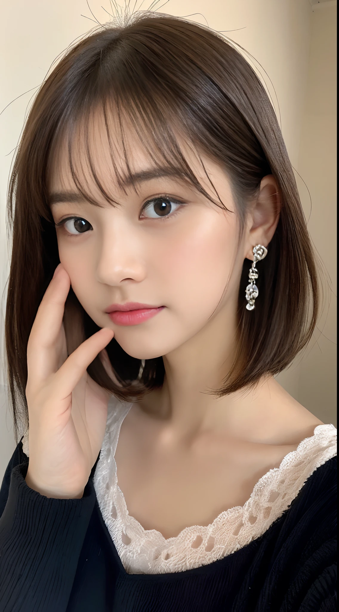 (((32K,very high res, high detal, highly accurate,Masterpiece Girl 1))),RAW photo & realistic atmosphere,Beautiful dark blue eyes,Detailed mouth,Glossy lips,Detailed eyebrows,Soft, fair skin,Every detail shines,,Detailed drawing of the eye、Very beautiful eyes with azure eyes,Detailed lips、Very beautiful face,Very well shaped face、lifelike face,Shiny beautiful lips,Beautiful eyebrows,Infinite reality,Best design,(Crazy cute Japanese 16 year old girl,Healthy style,Very cute beautiful girl,Little girl:1.5),Best Natural Makeup,Japanese idol household,韓国アイドル,Young sensual idol,Moist eyes,If the finger is5Boken,Elongated legs:1.3),超A high resolution、,Natural, realistic face,,Pure eyes are so cute,(((Foto realism))),Realistic reality,(Stylish earrings,,a necklace,bangle,gyuru,Glossy manicure:1.6),(Gentle 16 year old high school girl loli girl,Light brown hair,short cut,独奏,Natural makeup is close to no makeup:1.7)(Photograph the upper body,From directly above, Falling from the sky and approaching,waiting for kiss,Pampering,Close your eyes reliably,young beautiful face,Spoiled 16-year-old high school girl loli girl,:1.8),Pitch black room,Thin light on the upper body