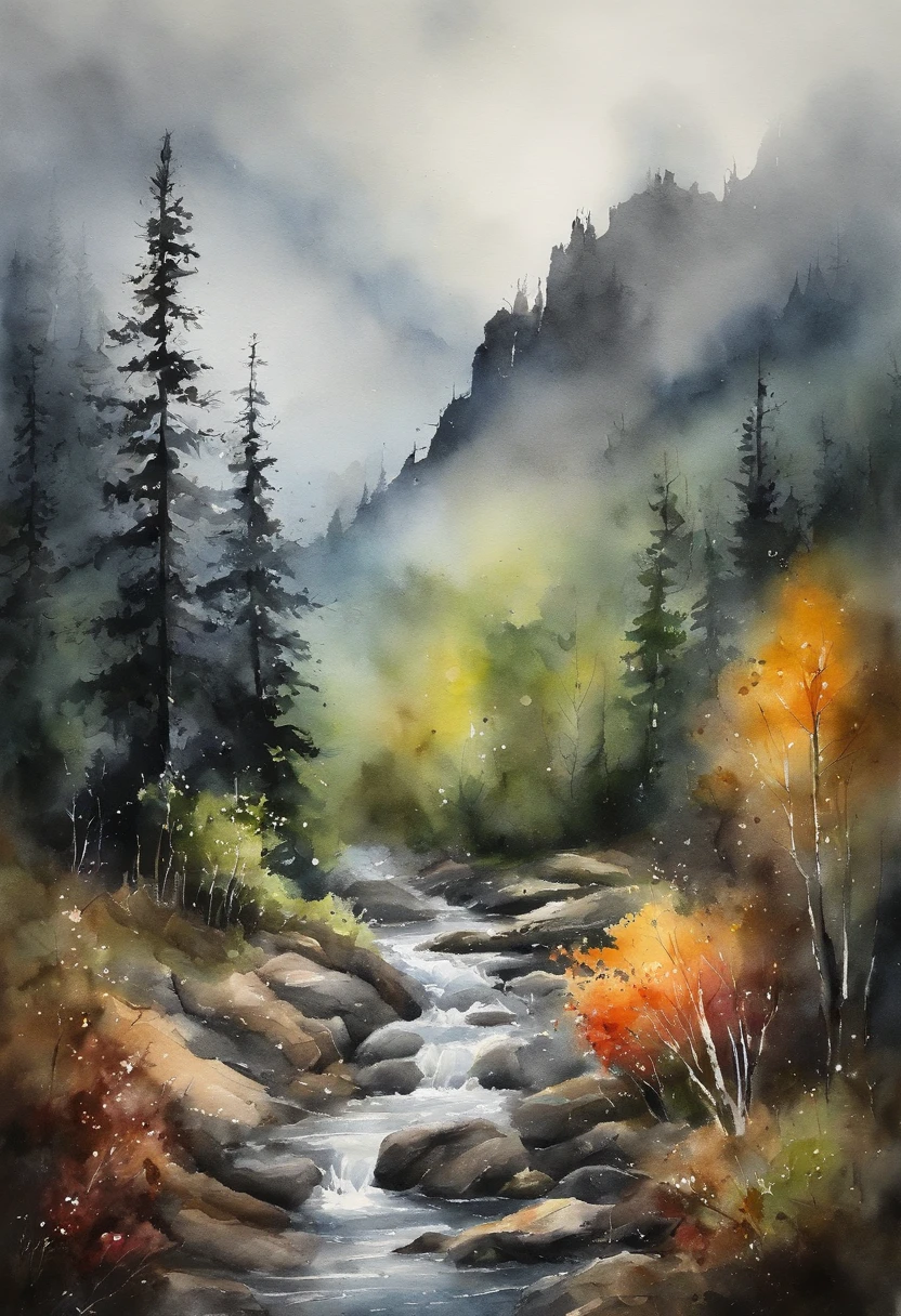 Mountain landscape, dark, rain, forrests, extreme detailed and delicate,