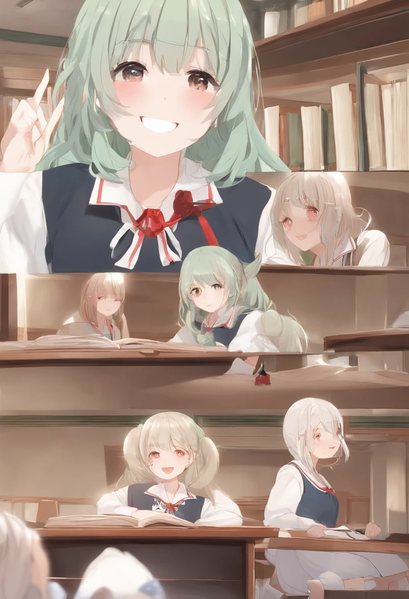The sunlight in the evening spilled into the classroom, and three girls were sitting in the classroom. One girl had red horns, white hair, and was wearing a white Japanese school uniform. She was sitting on the desk with red arms, smiling at the girl sitting there. The other girl was facing the camera and sitting on the chair, expressionless, with green horns, black hair, green arms, and wearing a light green school uniform. There was also a girl standing there, Having blue horns, blue arms, blue hair, wearing a light blue school uniform, smiling at the two people, author：Suye Jinshi https://www.bilibili.com/read/cv24699649/ derivation：bilibili
