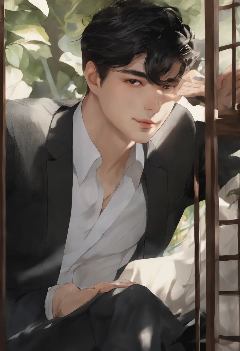 masterpiece、top-quality、ultra-detailliert、Official art、Beautifully Aesthetic、2boys、a handsome、broad shoulder、close up of face、((Black chin hair))、portlate、slight blush on the cheeks、A slight smil、Look at viewers、((lazy eyes、Half Cap、Eye bags under the eyes、black eyes with white pupils,,,))、Suits、Brown and black hair、Rivals、glitch art:1.5、colourfull:1.5、watercolor paiting、In the topic "Sincerely: By Shinkai Makoto", Miyazaki style, 32K,ukiyoe painting