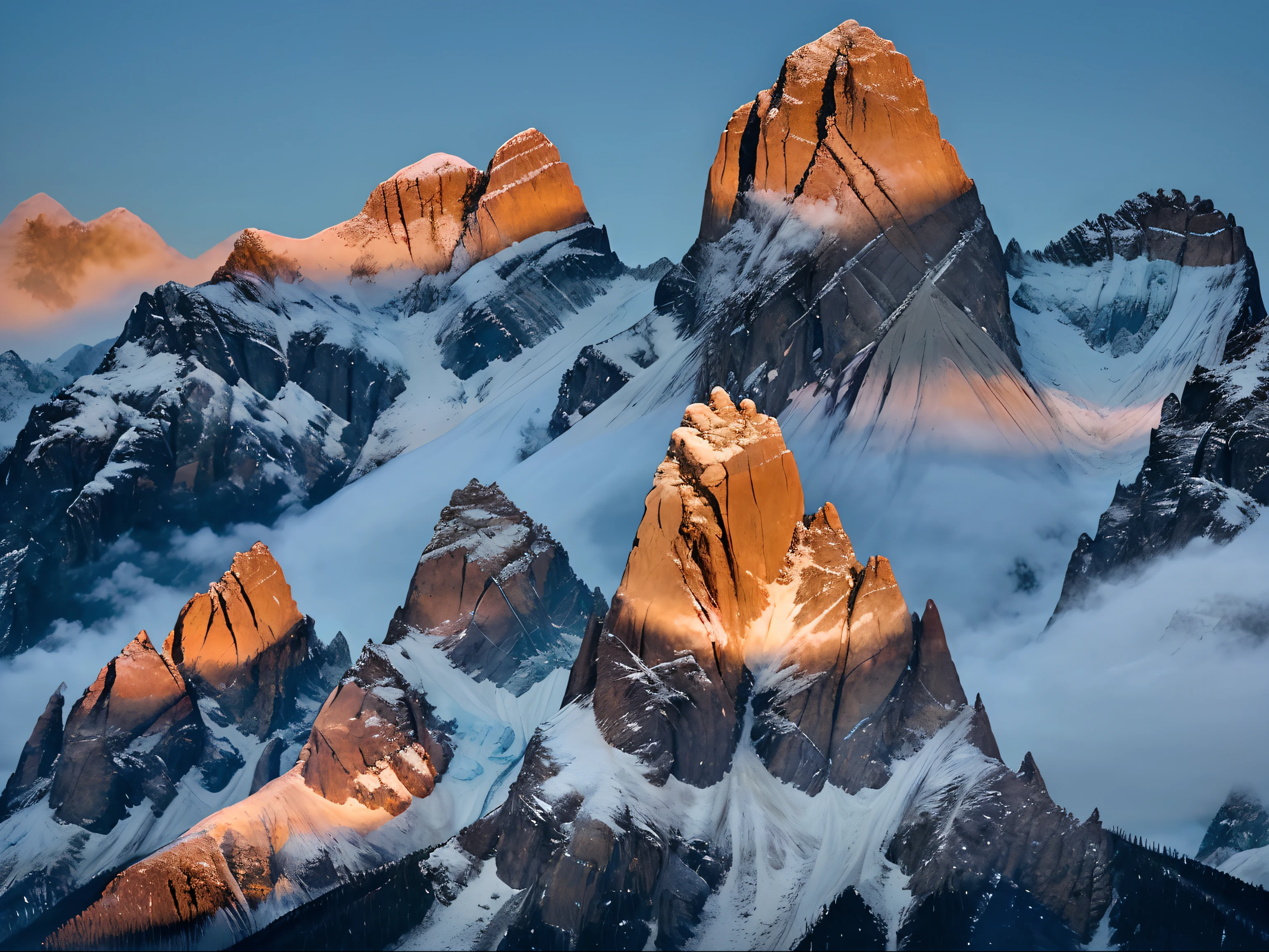 With snow-capped mountain peaks, the majestic natural wonders rise proudly like ancient guardians. Each peak stands tall, intricately carved by the elements into jagged, awe-inspiring formations. This breathtaking image, captured in a stunning photograph, showcases the pristine beauty of the mountains. The glistening snow blankets the slopes, creating a dazzling contrast against the deep blue sky. The sheer magnitude of the peaks, their rugged edges bathed in golden sunlight, evokes a sense of tranquility and reverence. This exceptional work of art vividly captures the exquisiteness and grandeur of these majestic mountains, transporting viewers to a world of pure serenity.