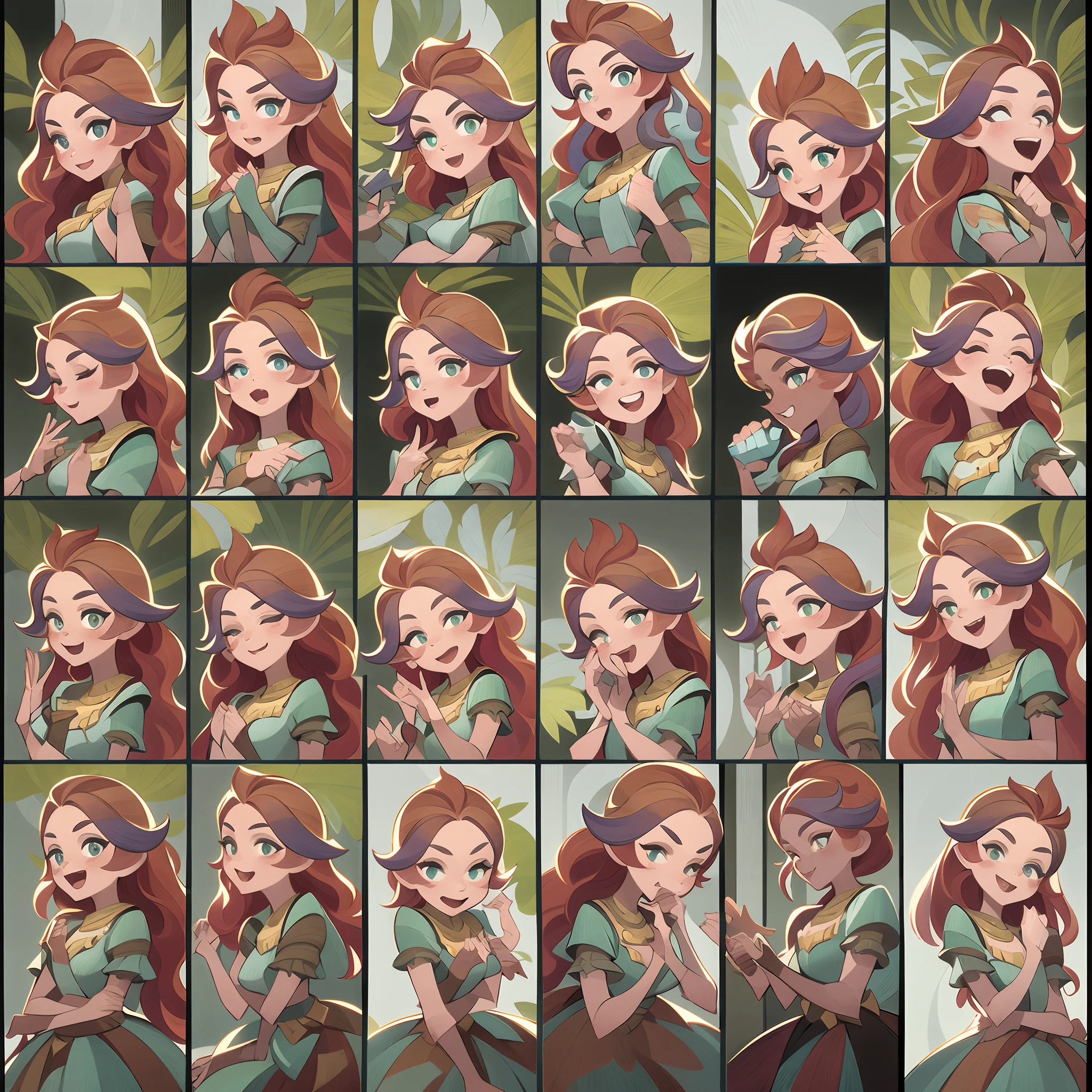 Top quality, Best quality, A high resolution, Masterpiece, Ultra-high resolution, 1 Princess, a sticker(3*3 equal scale layout), Different expressions, Different emotions, a variety of poses, Various expressions, Proportional layout