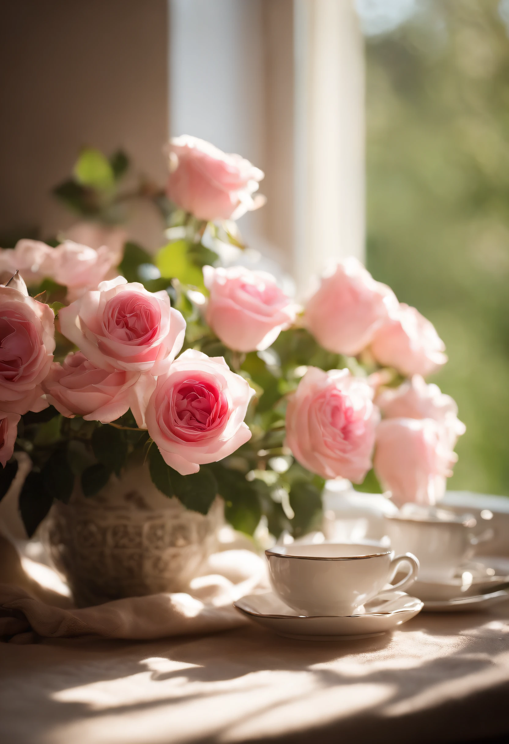 there is a vase of pink rose flowers on a table, soft autumn sunlight, soft morning light, afternoon sunlight, summer morning light, radiant morning light, beautiful morning, soft morning lighting, beautiful composition, in the morning light, springtime morning, very beautiful photo, beautiful and aesthetic, calm afternoon, afternoon light, in the morning, cozy cafe background