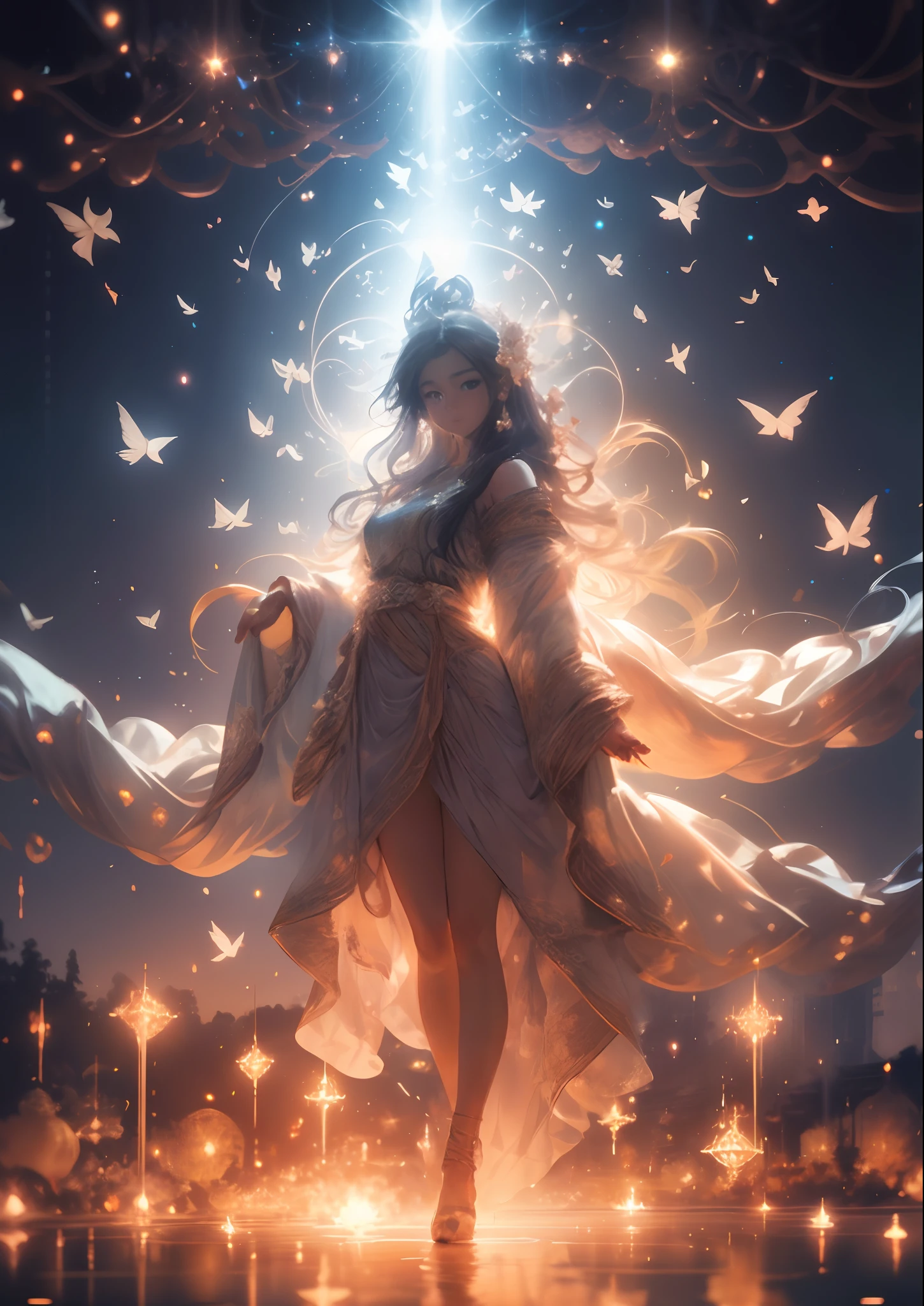 A woman in a long dress standing in front of a star - SeaArt AI
