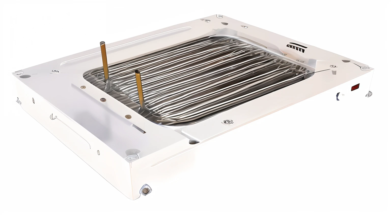 there is a white box with a bunch of metal rods in it, heated coils, denning, glowing heating coils, stainless steel, radiator, product photo, spare, with tubes and wiring, description, acrylic, racks, white, productphoto, 4 0 9 6, graphite, link, uv, grill, floor grills, surgical supplies, maxar