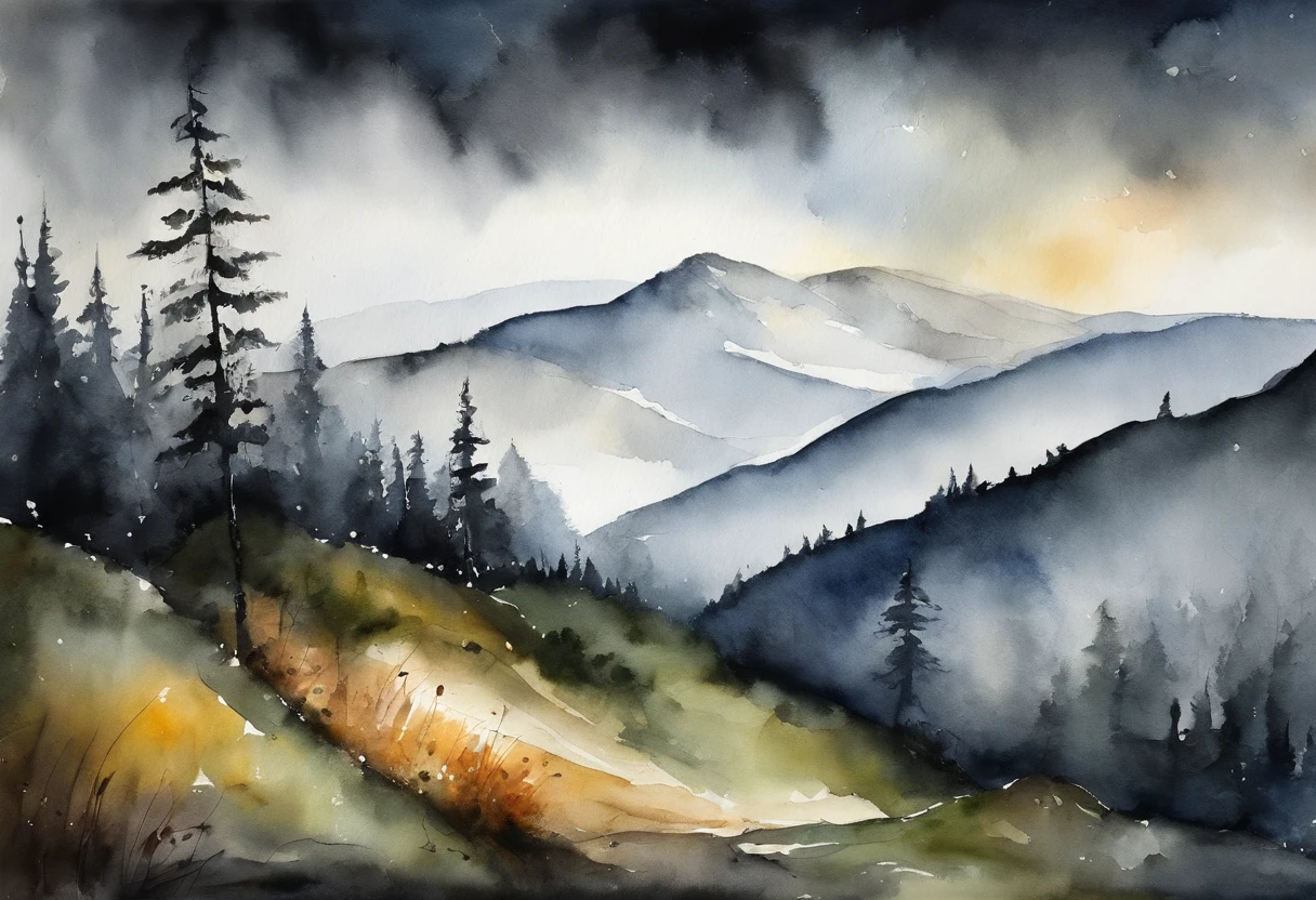 Mountain landscape, dark, rain, forrests, extreme detailed and delicate,