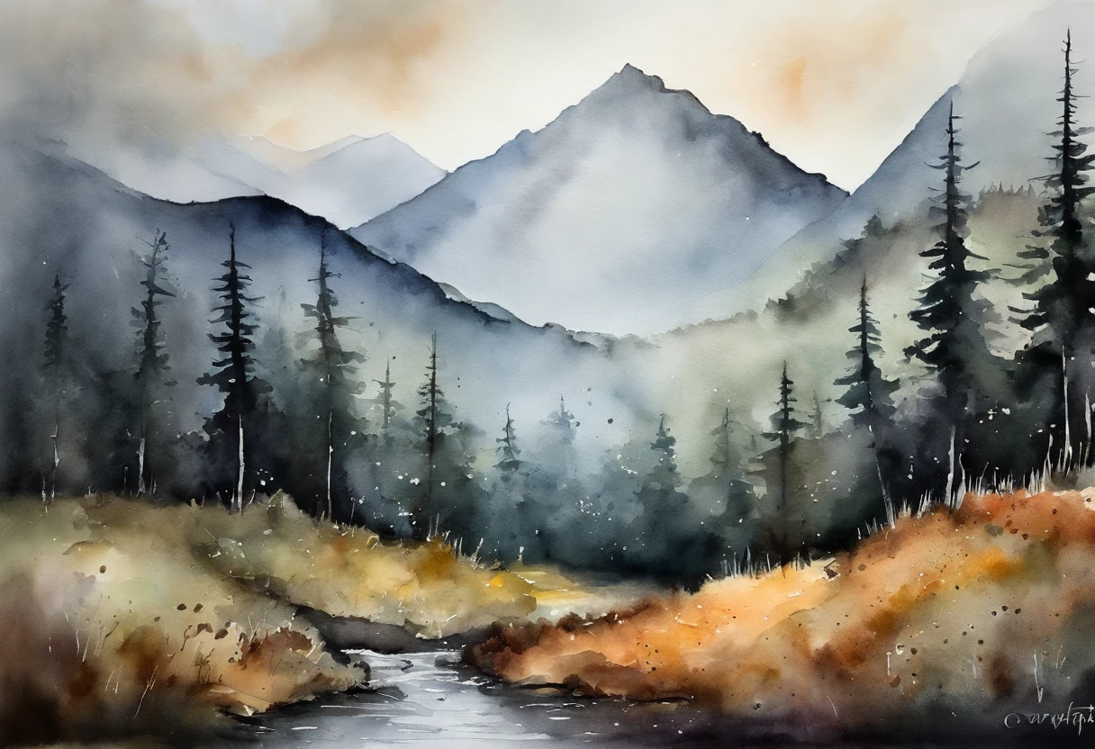 Mountain landscape, dark, rain, forrests, extreme detailed and delicate,