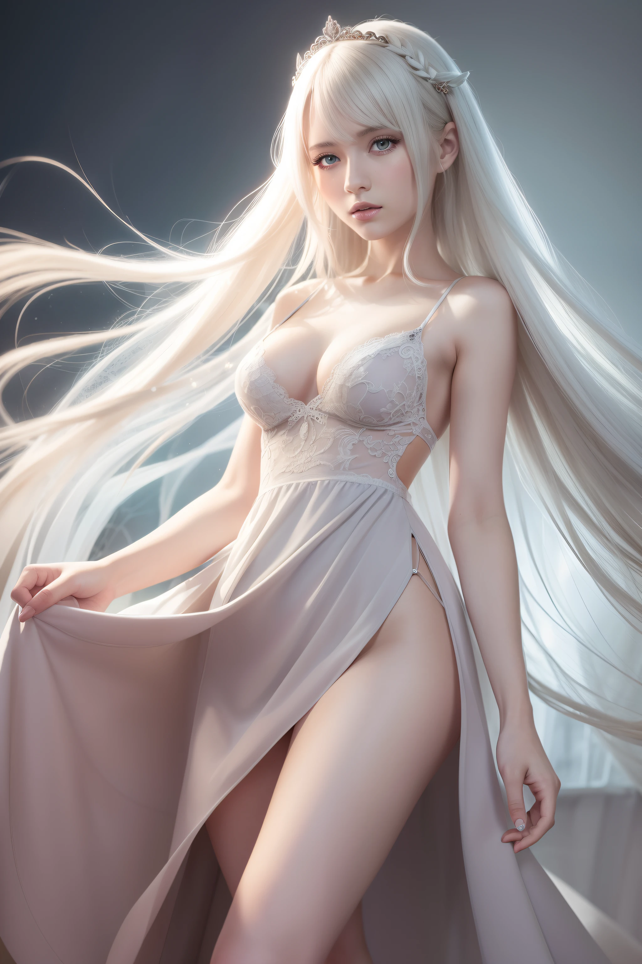 animification,masutepiece, Best Quality, Extremely detailed, cinematic lightening, intricate detailes, hight resolution, Official art,Illustration, Dense beautiful face and eyes, High resolution illustration, 8K, depth of fields, Bokeh, Solo, 1girl in, Girl with white hair and red eyes, long white hair, Beautiful red eyes, ,Very small breasts,Very small,Delicate body,Skinny Legs,Princess style,Longer dress,high-heels,