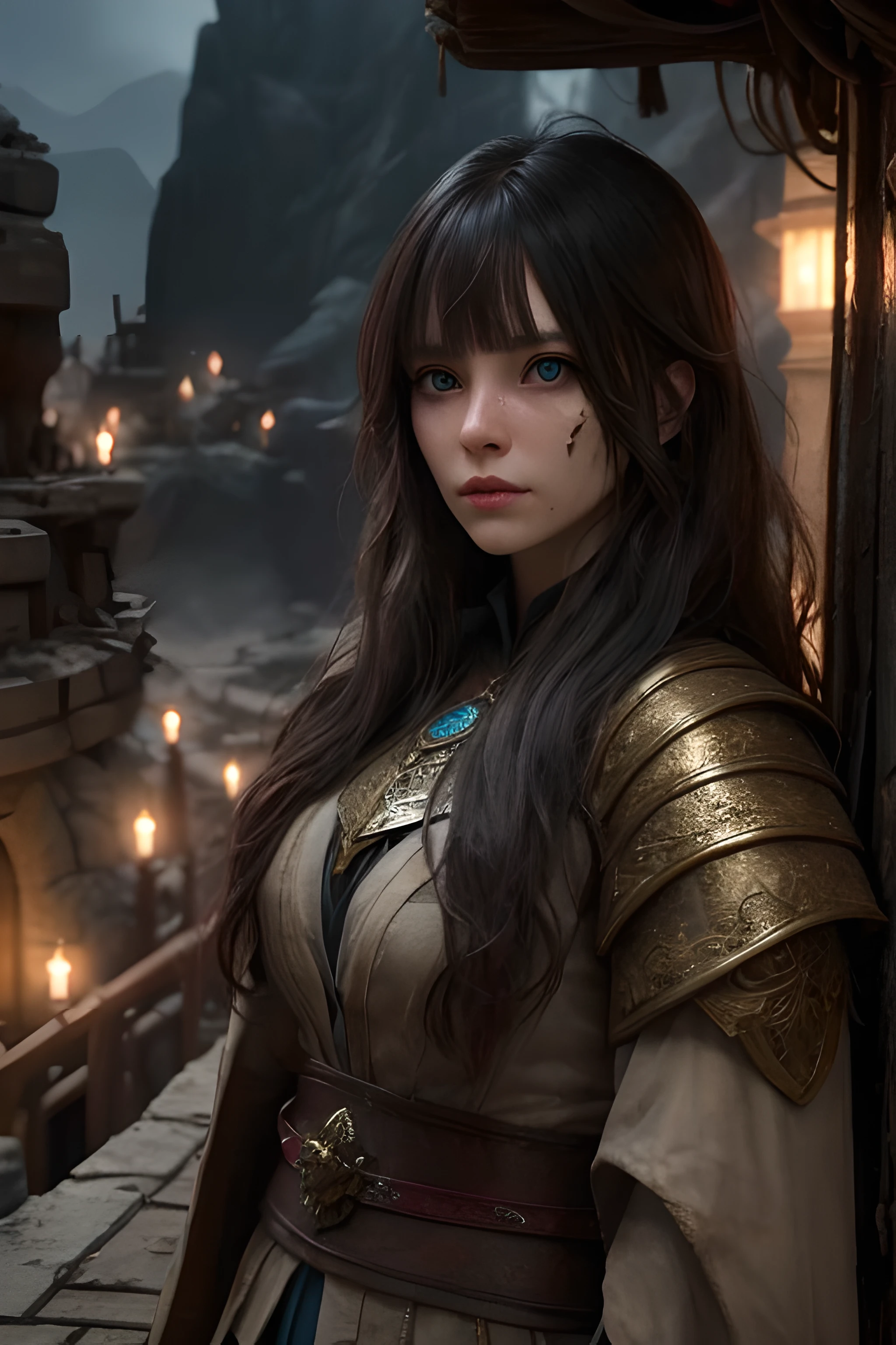 highly detailed, high fantasy, sorceress, messy layered bangs, underground city, cinematic lighting