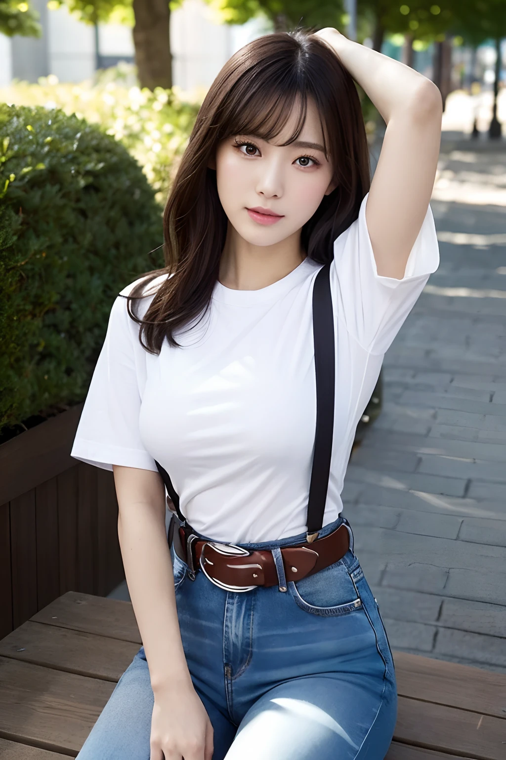 ​masterpiece、top-quality、The ultra -The high-definition、、colourfull、flat-colors、depth of fields、lens flare 1 girl、、A dark-haired、watching at viewers　　　Black Cutter Shirt　a belt　black suspenders　Social OL　　　ample bosom　JINS　jeans　 Face sitting
Waiting to start　 Armpit sweat　perspiring　Side of both hands　huge-breasted　Interparial