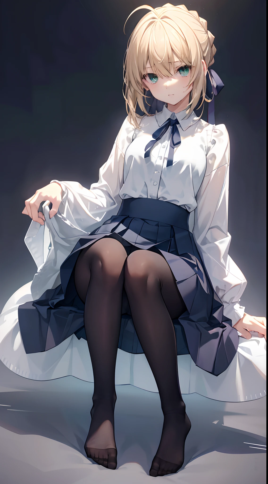 ccsaber, blonde hair, green eyes, ahoge, white shirt, blue skirt, black pantyhose、​masterpiece、top-quality、best、超A high resolution、Full body portrait、intricate-detail、An ultra-fine illustrations、perfect anatomia、Correct anatomy、perfectly proportions、face perfect、Hands are２Boken、perfect hand、The feet are in２Boken、perfect foot、Perfect fingers、Small toes、Precise size and balance of upper and lower body、18year old、Schoolgirl with mature body type、A high school girl with long、女の子1人、Whole body from head to leg、full body Esbian、small tits、Small toes、Small toes、No shoes、laying on back、M-shaped legs、Opening legs、Inter-strands、Facing the front、Composition from below、Composition from the front、Panchira、Inner thigh-sitting、Sit on the floor with bent knees and legs open、Front-facing、Lower body facing forward、Slender feet、Slender thighs、Slim toes、Lying on a white bed facing the front、Slender feet、legs slightly open、Sleeping in a big letter、Legs are spread、Hands are slightly raised、Panting face about to cry、red blush、Embarrassed look、A slightly sad look、Black_Wearing white panties inside stockings、Wearing white panties inside black transparent stockings、Wearing white panties inside black stockings、Wearing white panties inside black pantyhose、Wearing white panties inside black lace pantyhose、Wearing white panties inside stockings with black lenses、Wearing black light pantyhose and white panties、Wearing black transparent pantyhose and white panties、No shoes、No shoes on、pure white under black stockings,,,_panties on、Panties are visible through a navy blue pleated skirt、Pure white bra、Underwear、Bedrooms、in a house、during daytime、（small tits）、((full body Esbian))、​masterpiece、（top-quality)