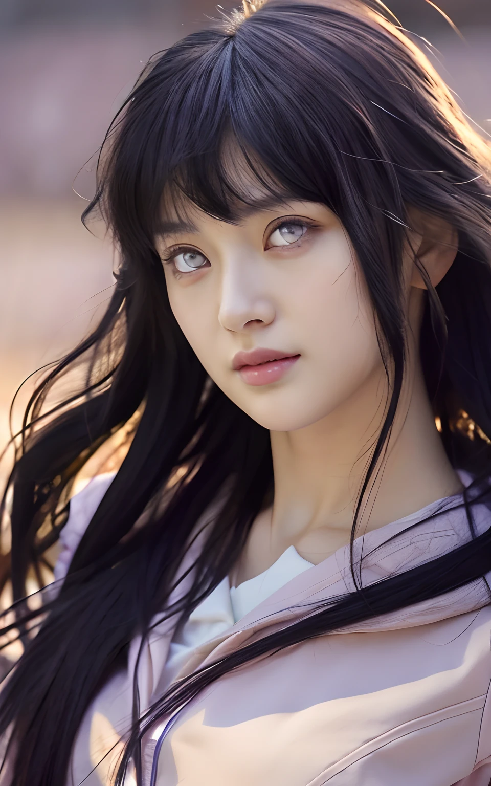 Best Quality, Masterpiece, Ultra High Resolution, (Realistic: 1.4), Original Photo, Side Light, Fine Beautiful Eyes: 1.2, Masterpiece, Portrait, Realism, 1 Girl, Hinata, beautiful face, detail face, realistic face, purple eyes, detail eyes, realistic eyes, pink lips, realistic lips, ((black hair)), (realistic hair) , detail hair, beautiful skin, realistic skin, realistic clothes, detail clothes