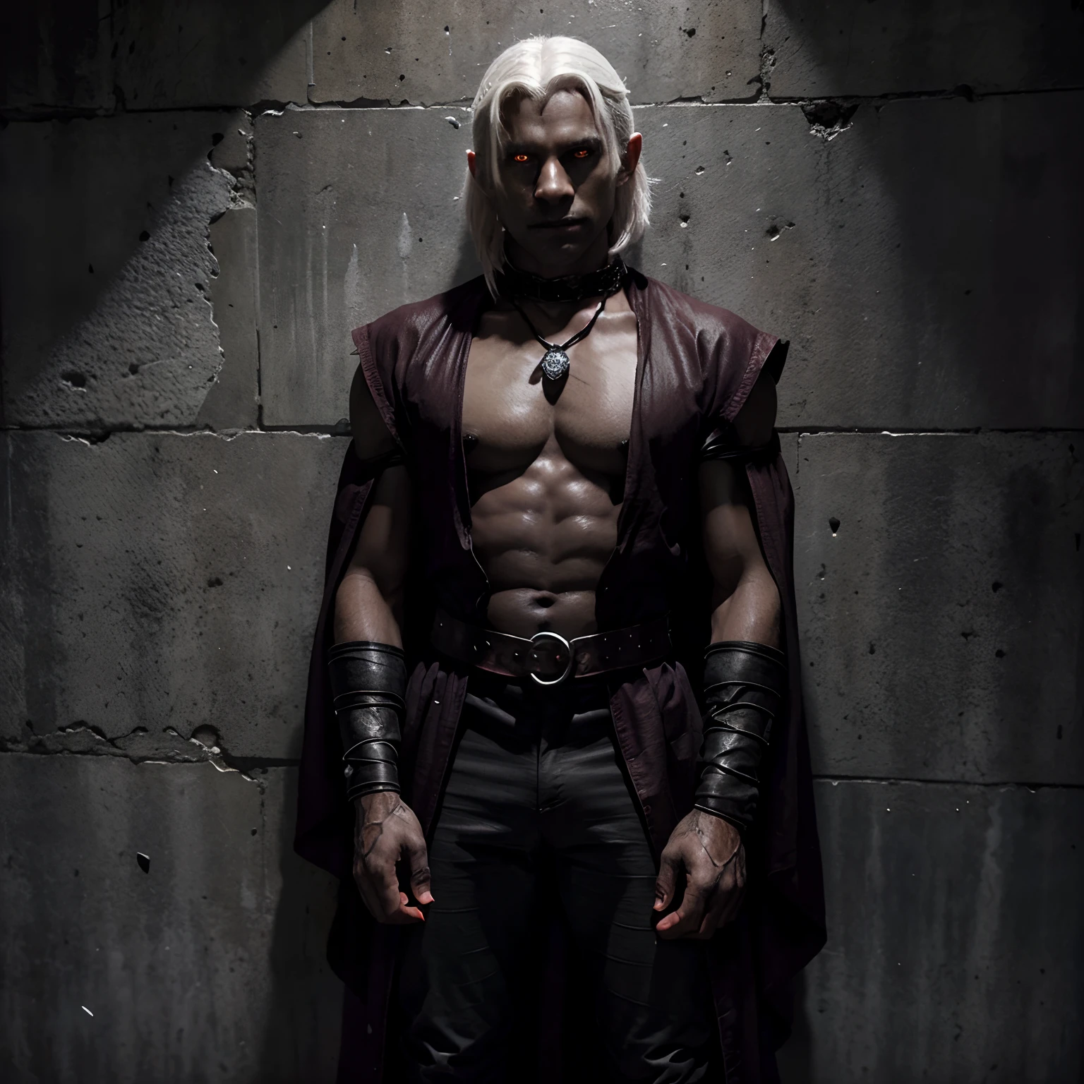 Dungeons and Dragons handsome male Drow vampire. White hair, bright glowing red eyes. D&D, jail, magic black fog. Sorcerer, red vest. Full body. Talons instead of hands. Black skin. Chained to wall in prison. Medival. Fantasy.
