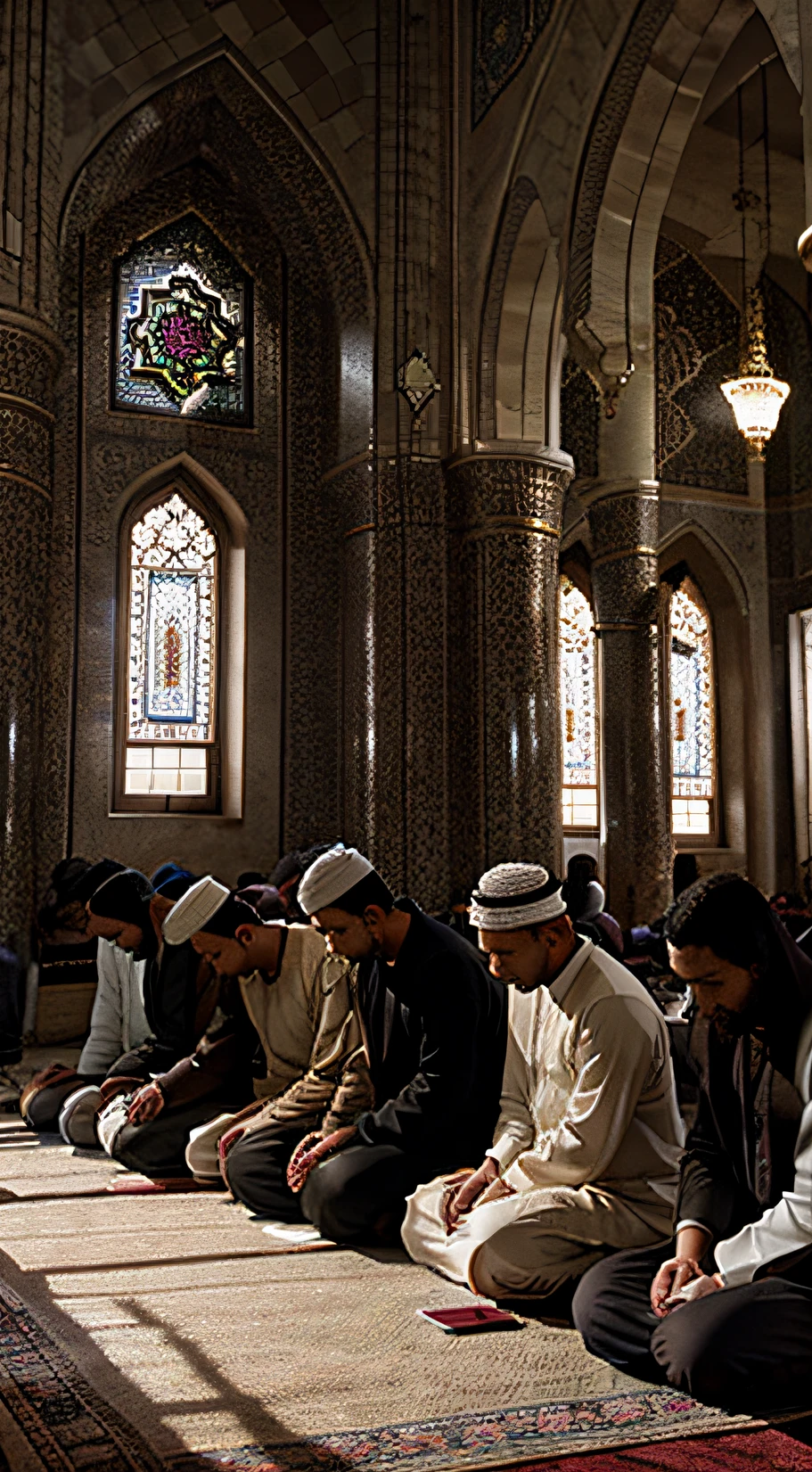 Inside of a mosque, ten men’s are praying on the knees, one naked Muslim girl is standing in the middle