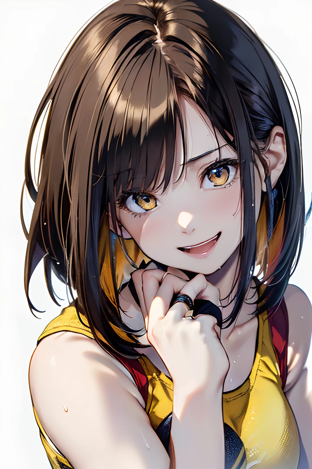 (((On his head is a ring of angels)))、(Best Quality, 8K, Oil Painting, masutepiece:1.2), Ultra-detailed, (Realistic, Photorealistic:1.37), (((FULL BODYSHOT)))、Vibrant colors, (((My face is sweaty)))、(((Yellow Sports Bra)))、(((English Print Sports Bra)))、(((20Women of a certain age)))、(((Yellow Sports Bra)))、(((The sports bra has letters printed on it)))、(((slightly smaller breasts)))、 (((Dark hair)))、(((Shoulder-length bob hair)))、((( White background))), (((delighted expression)))、(((A smile)))、(((Girly Hairstyles)))、(((bobhair)))、(((In front of a white wall)))、(((Nothing on the top of the head)))、(((Arms crossed in front of the chest)))、(((Opens mouth and laughs)))