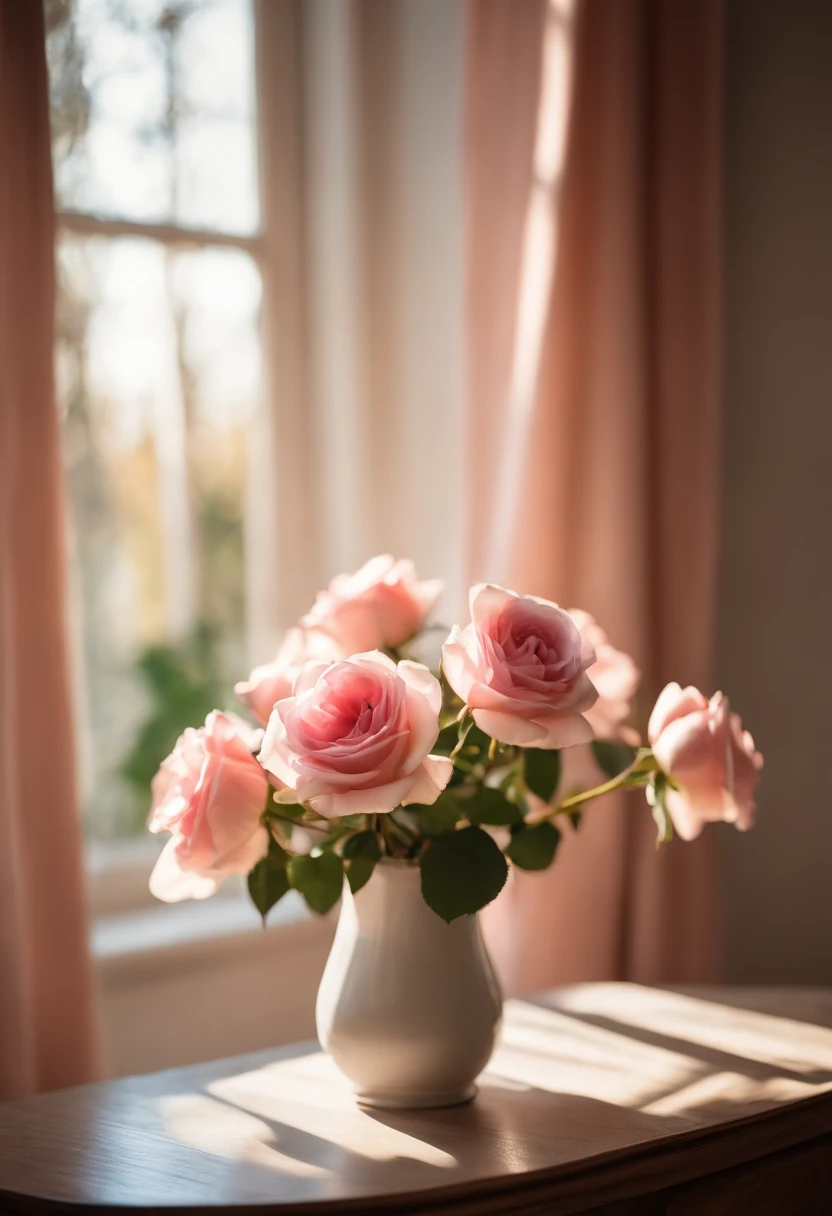 there is a vase of pink rose flowers on a table, soft autumn sunlight, soft morning light, afternoon sunlight, summer morning light, radiant morning light, beautiful morning, soft morning lighting, beautiful composition, in the morning light, springtime morning, very beautiful photo, beautiful and aesthetic, calm afternoon, afternoon light, in the morning, cozy cafe background