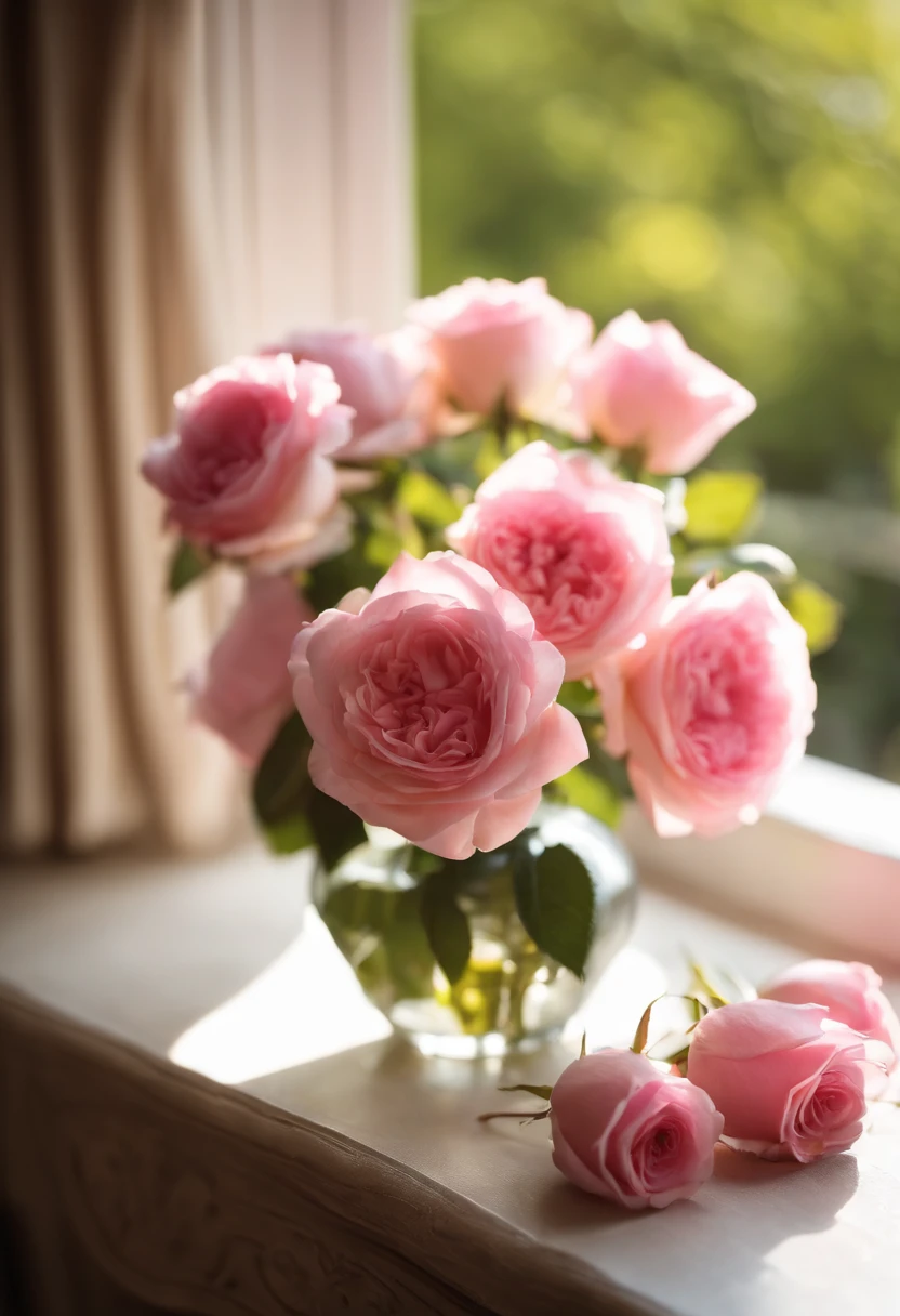 there is a vase of pink rose flowers on a table, soft autumn sunlight, soft morning light, afternoon sunlight, summer morning light, radiant morning light, beautiful morning, soft morning lighting, beautiful composition, in the morning light, springtime morning, very beautiful photo, beautiful and aesthetic, calm afternoon, afternoon light, in the morning, cozy cafe background