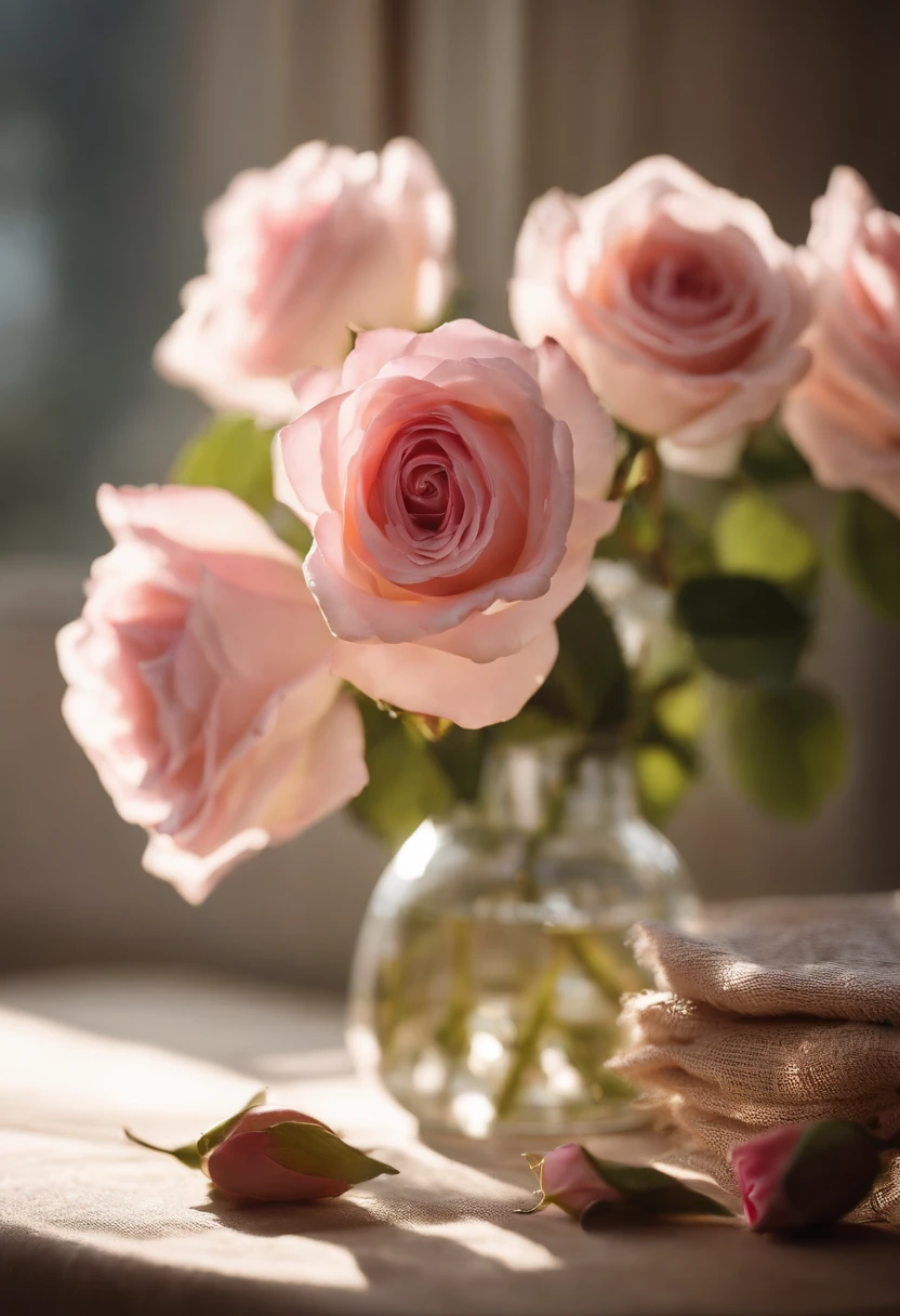 there is a vase of pink rose flowers on a table, soft autumn sunlight, soft morning light, afternoon sunlight, summer morning light, radiant morning light, beautiful morning, soft morning lighting, beautiful composition, in the morning light, springtime morning, very beautiful photo, beautiful and aesthetic, calm afternoon, afternoon light, in the morning, cozy cafe background
