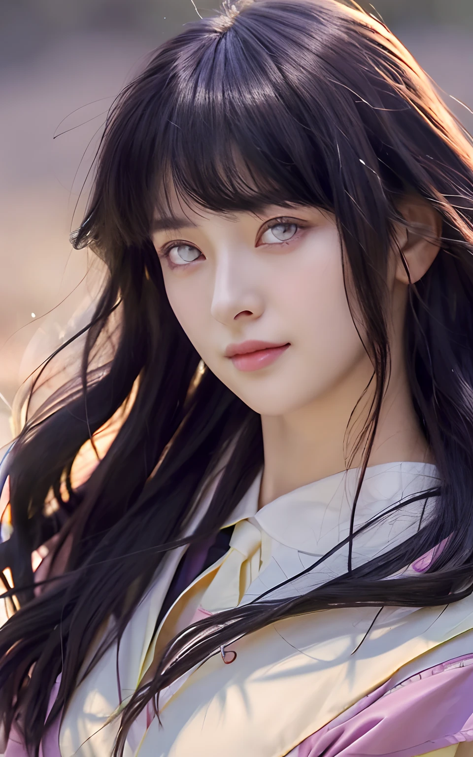 Best Quality, Masterpiece, Ultra High Resolution, (Realistic: 1.4), Original Photo, Side Light, Fine Beautiful Eyes: 1.2, Masterpiece, Portrait, Realism, 1 Girl, Hinata, beautiful face, detail face, realistic face, purple eyes, detail eyes, realistic eyes, pink lips, realistic lips, ((black hair)), (realistic hair) , detail hair, beautiful skin, realistic skin, realistic clothes, detail clothes