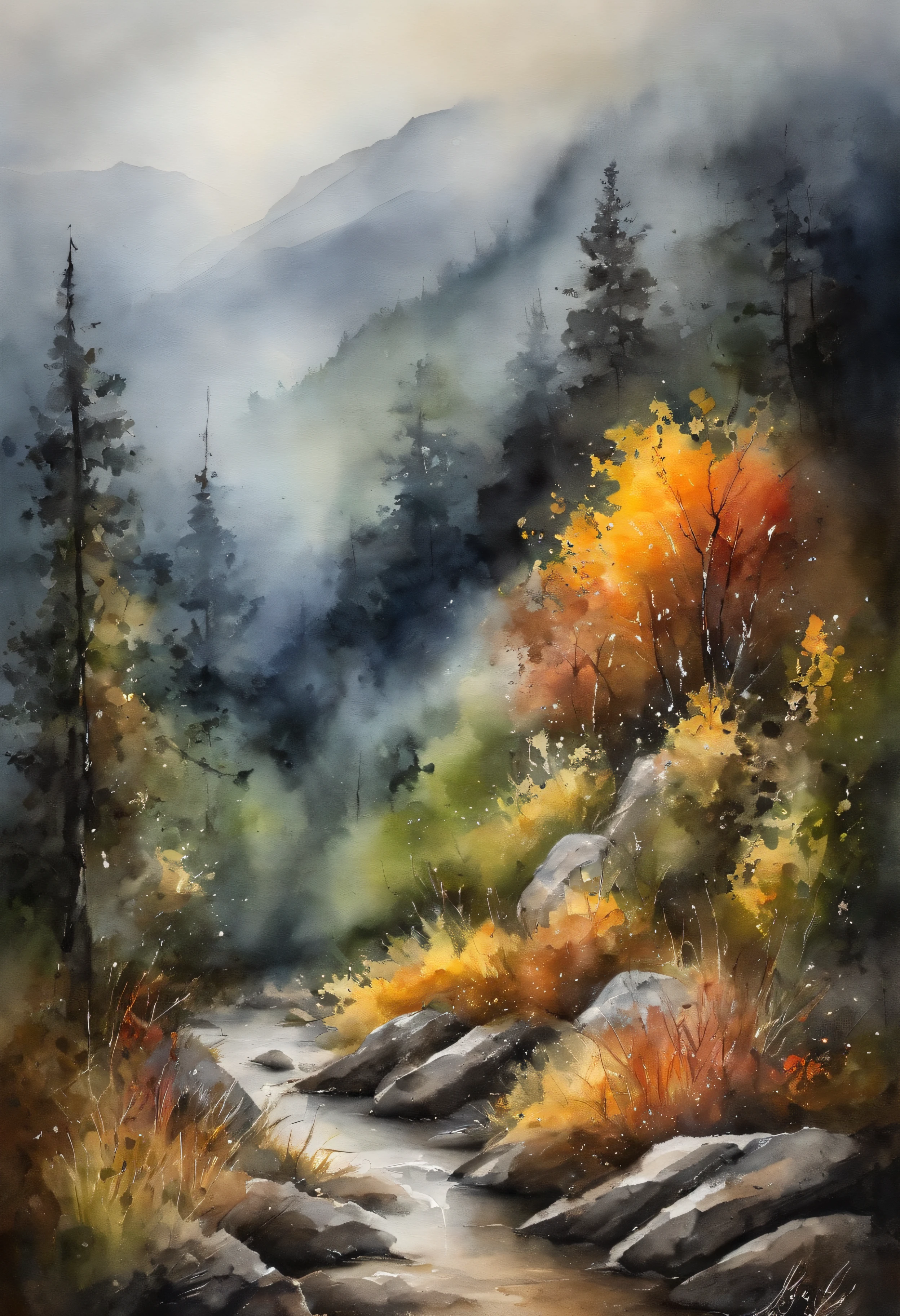 Painting of a stream in a forest with trees and rocks - SeaArt AI