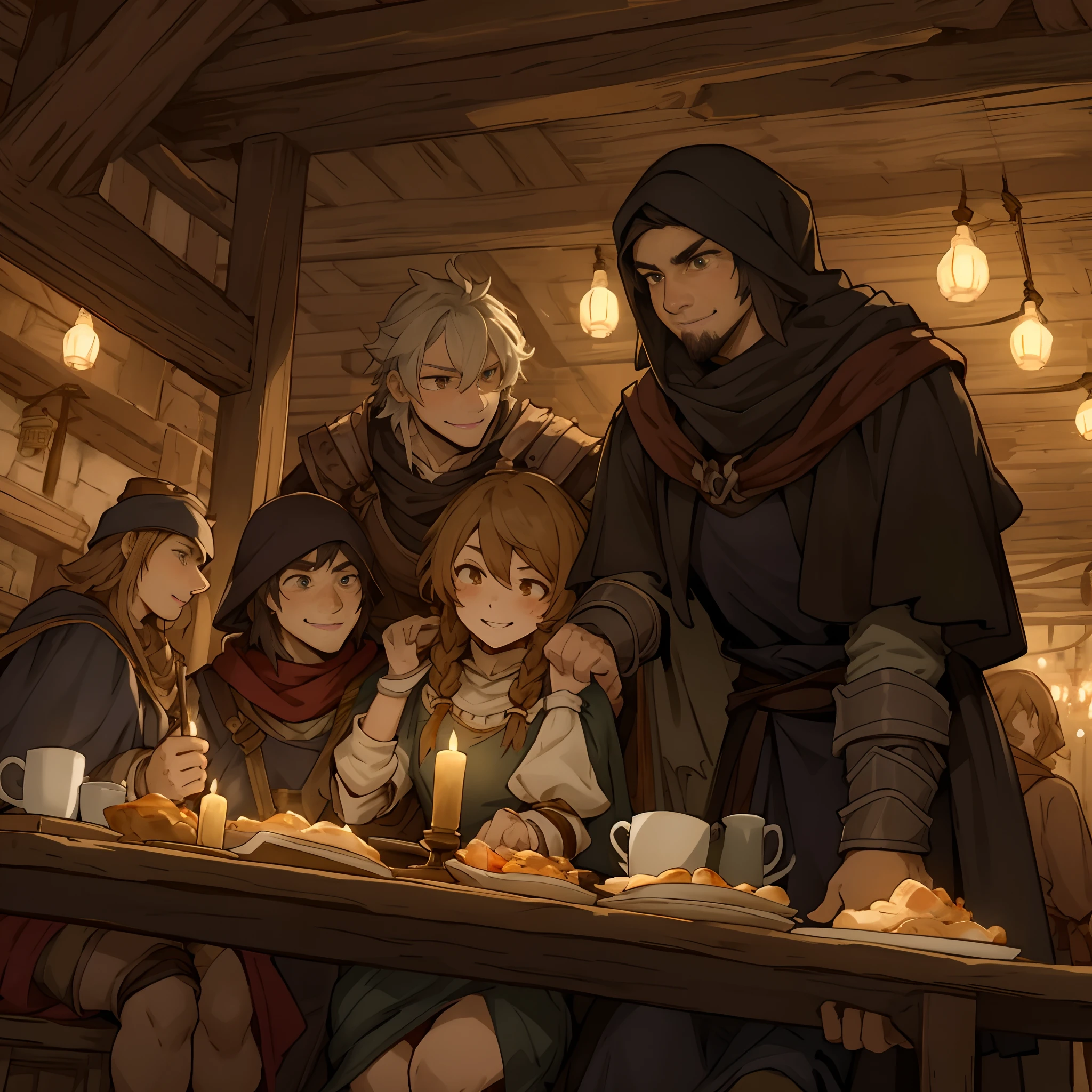 cover_page, In a lively medieval fantasy tavern filled with wooden beams and rustic decor, a group of diverse adventurers are seated at a sturdy wooden table, illuminated by dim candlelight, Amidst plates of hearty food and mugs of ale, one adventurer, with distinctive armor and a mischievous grin, attempts to flirt with a young waitress carrying a tray of drinks, She has braided hair and wears a simple dress, and she seems slightly amused by the attention, Opposite him, another member of the group, with a stern expression and a cloak draped over their shoulders, reprimands the flirtatious adventurer, drawing attention to the group's behavior, The scene is captured from a low-angle perspective, emphasizing the grandeur of the tavern and the interactions of its patrons,