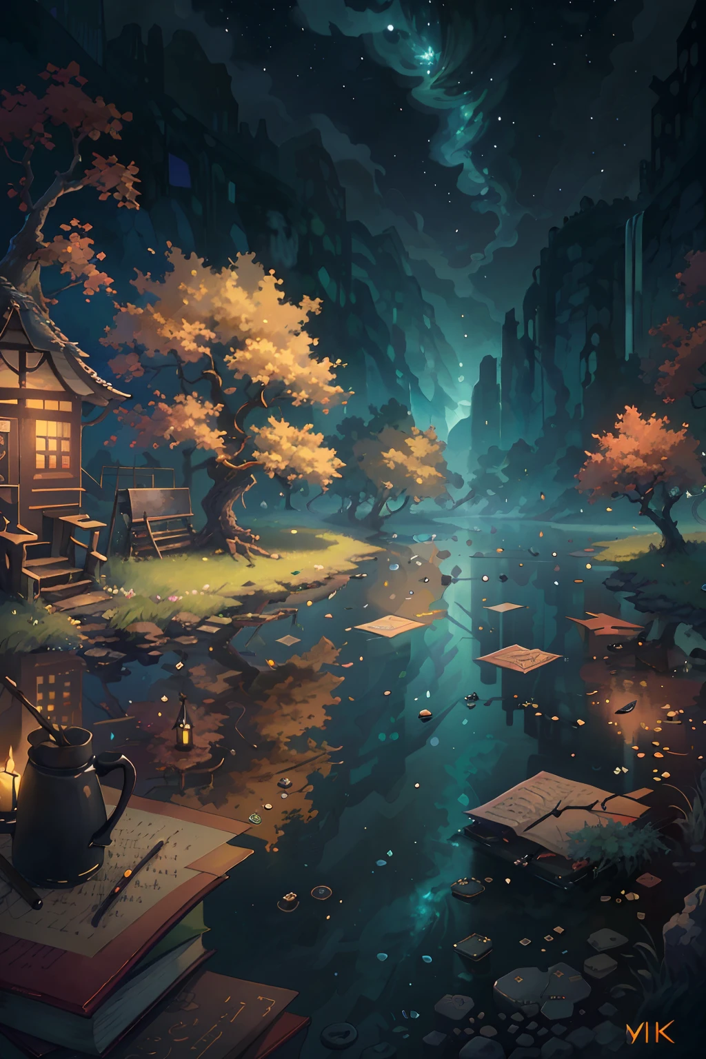 Original,(illustratio:1.1),(best qualtiy),(tmasterpiece:1.1),(the Extremely Detailed CG Unity 8K Wallpapers),(a color:1.2),dead tree,nigth,Letter bees,scenecy,rios|Wagas,glowworm