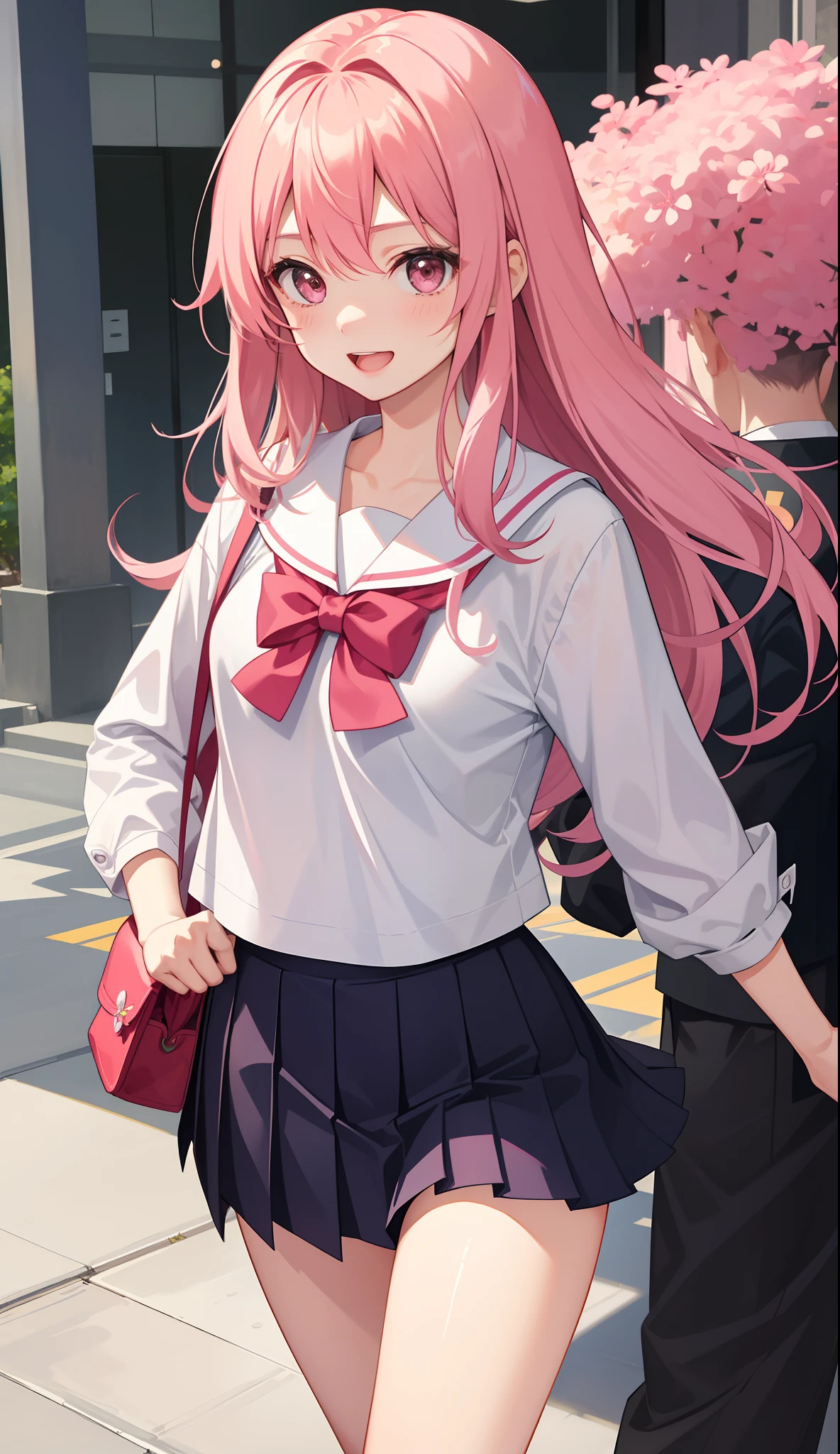 1girl in、AS-Adult、A smile、open open mouth、、be shy、The shirt、skirt by the、A pink-haired、(small tits)Japan High School、校服、serafuku、Walking with a thigh、Upper body portrait、
