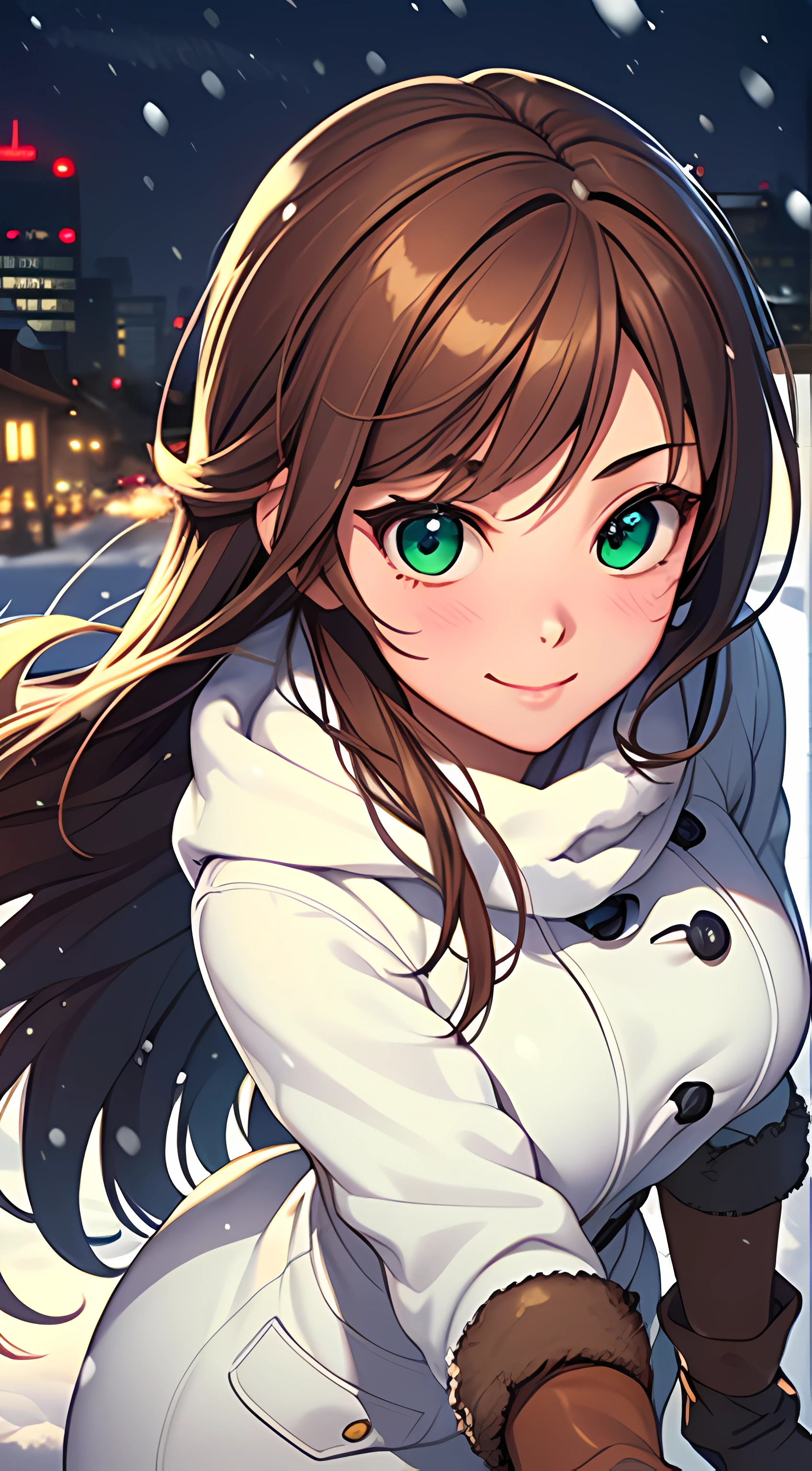 ((masterpiece, best quality, high resolution, UHD, perfect pixel, depth of field, 4k, RTX, HDR, extremely detailed)), 1girl, single, solo, 24 years old, beautiful anime girl, beautiful art style, anime character, sly smile, beautiful smile, ((long hair, brown hair)), (green eyes:1.4, rounded eyes, beautiful eyelashes, realistic eyes, extremely detailed pupil), (detailed face, blushing:1.2), (smooth texture:0.75, realistic texture:0.65, photorealistic:1.2, cinematic, anime CG style), medium breasts, upper body, perfect body, busty, (dynamic angle, POV, close up), ((winter clothes, long coats, mittens, gloves, long underwear)), night, city lights, bokeh:1.4, (outdoor, city buildings, crowd), ((winter, snowfall:1.8, heavy snow, wind, wind blows)), (graceful, prestigious, glorious, elegant, aesthetic)