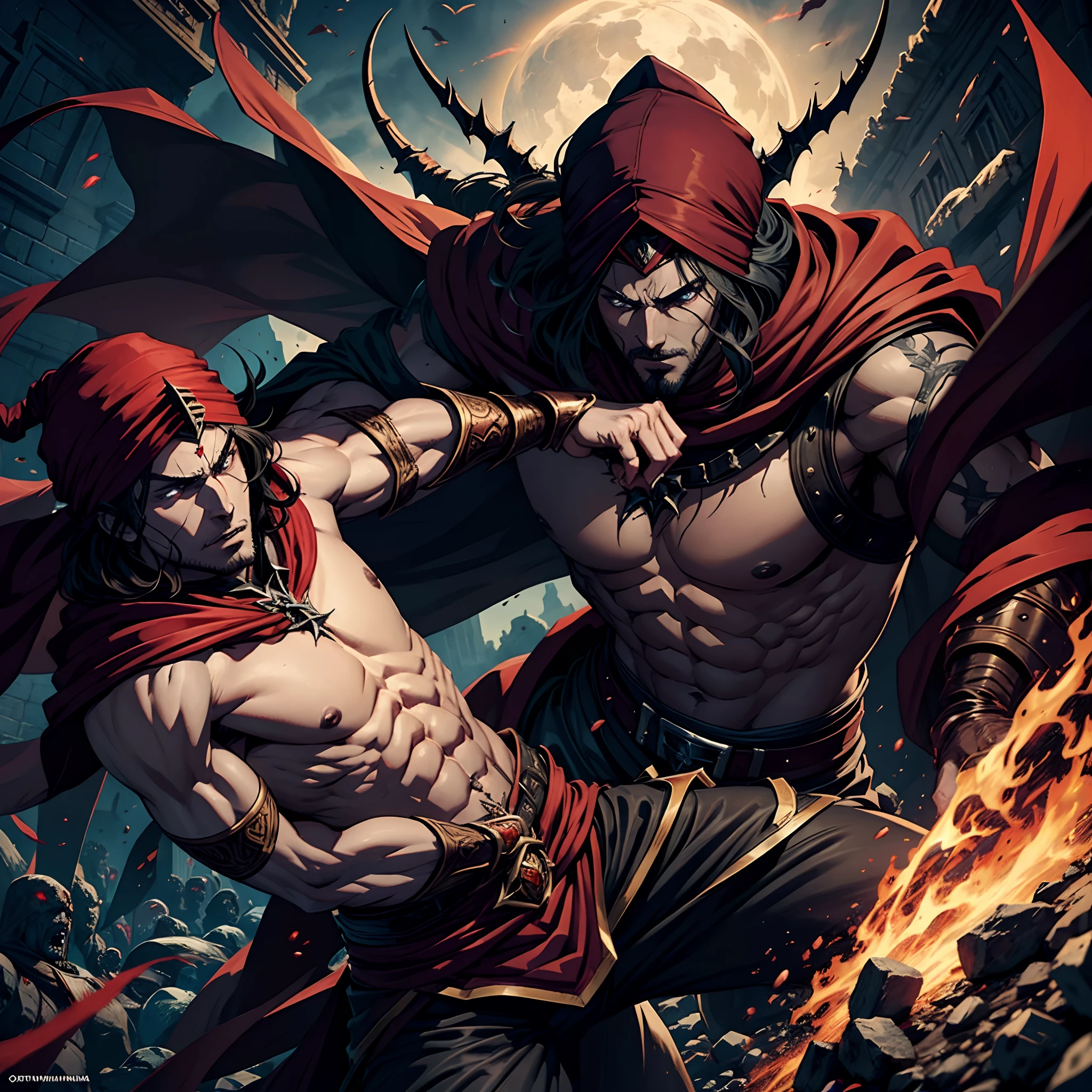 Castlevania Comic Book Page Lord of Shadows Red Turban in Battle with Scary Demons Super Realistic Super Detailed Super Realistic Super Detailed Super Realistic Moroccan Islamic Body Super Realistic Super Detailed Super Detailed Super Detailed Correct Anatomy Super Detailed Super Detailed Proportions Super Detailed Faces
