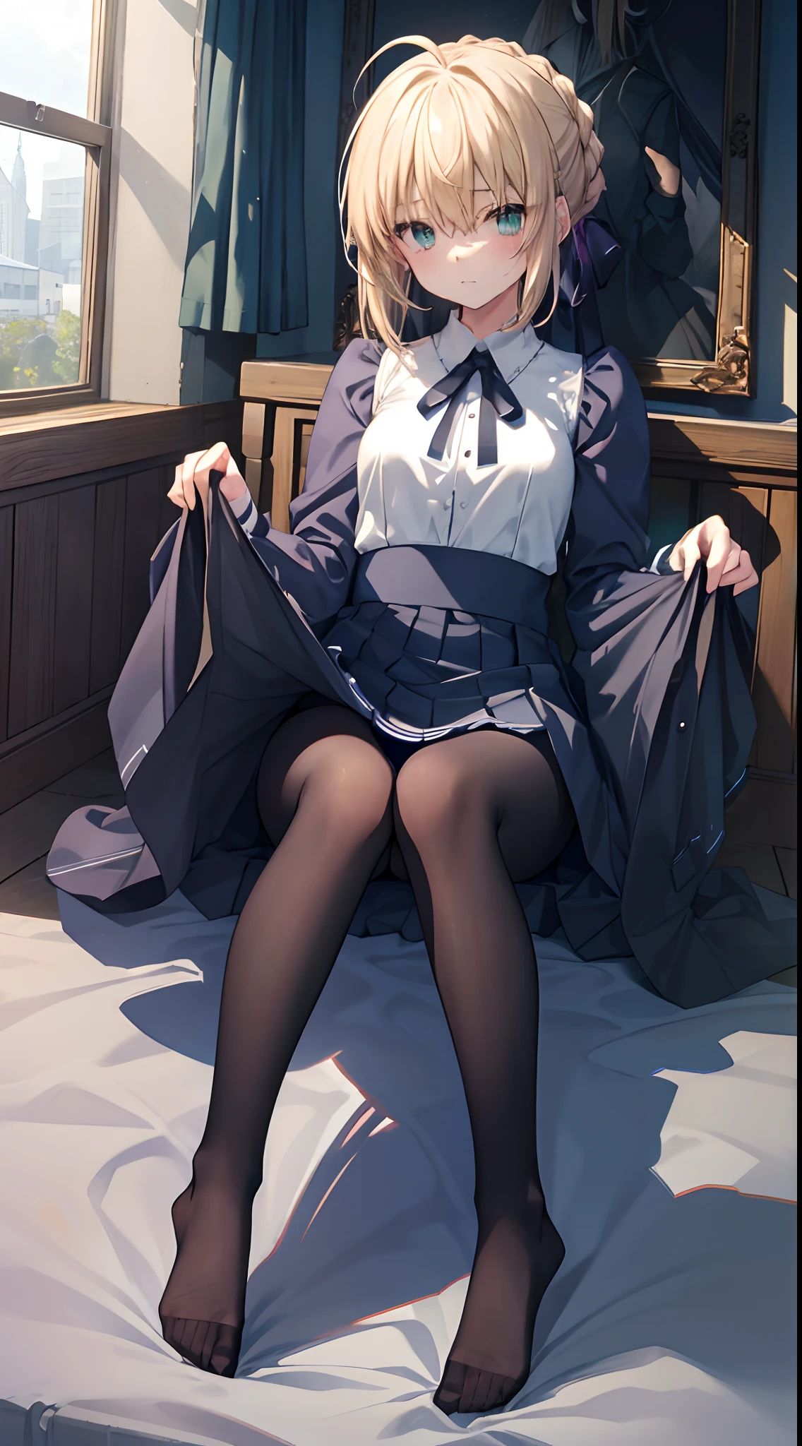 ccsaber, blonde hair, green eyes, ahoge, white shirt, blue skirt, black pantyhose、​masterpiece、top-quality、best、超A high resolution、Full body portrait、intricate-detail、An ultra-fine illustrations、perfect anatomia、Correct anatomy、perfectly proportions、face perfect、Hands are２Boken、perfect hand、The feet are in２Boken、perfect foot、Perfect fingers、Small toes、Precise size and balance of upper and lower body、18year old、Schoolgirl with mature body type、A high school girl with long、1人、Whole body from head to leg、full body Esbian、small tits、Small toes、Small toes、No shoes、laying on back、M-shaped legs、Opening legs、Inter-strands、Facing the front、Composition from below、Composition from the front、Panchira、Inner thigh-sitting、Sit on the floor with bent knees and legs open、Front-facing、Lower body facing forward、Slender feet、Slender thighs、Slim toes、Lying on a white bed facing the front、Slender feet、legs slightly open、Sleeping in a big letter、Legs are spread、Hands are slightly raised、Panting face about to cry、red blush、Embarrassed look、A slightly sad look、Black_Wearing white panties inside stockings、Wearing white panties inside black transparent stockings、Wearing white panties inside black stockings、Wearing white panties inside black pantyhose、Wearing white panties inside black lace pantyhose、Wearing white panties inside stockings with black lenses、Wearing black light pantyhose and white panties、Wearing black transparent pantyhose and white panties、No shoes、No shoes on、pure white under black stockings,,,_panties on、Panties are visible through a navy blue pleated skirt、Pure white bra、Underwear、Bedrooms、in a house、during daytime、（small tits）、((full body Esbian))、​masterpiece、（top-quality)
