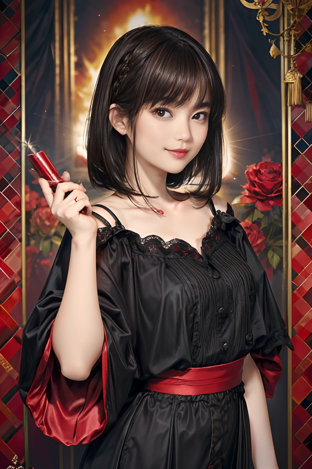 65
(a 20 yo woman,is standing), (A hyper-realistic), (Masterpiece), ((A dark-haired、short-hair:1.3)), (Silky hair), (breast:0.5), (kindly smile:0.7), red lipsticks