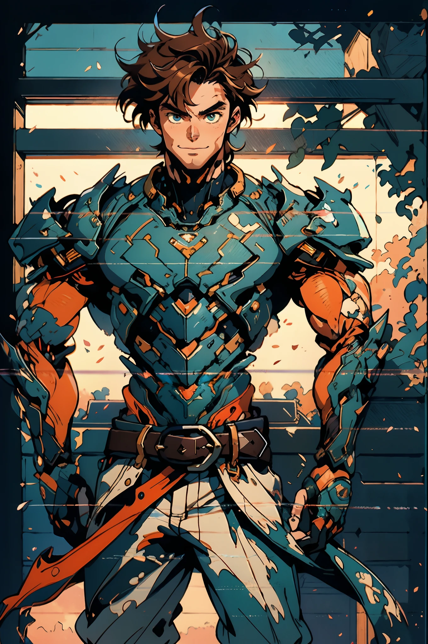 A young man with short orange-brown hair, a wild hairstyle, knife-like thick eyebrows, bright and spirited big eyes, a fearless expression, a smile at the corner of his mouth, he wears a bizarre fantasy surreal-style chest armor with scales textures, wearing a dark bodysuit underneath, fingerless gloves, a beautifully crafted fur belt around his waist, matching coarse cloth trousers, undaunted and wild posture, the background depicts a torn sky and earth, this character embodies a finely crafted fantasy surreal-style in anime style, characterized by an exquisite and mature manga illustration art style, high definition, best quality, highres, ultra-detailed, ultra-fine painting, extremely delicate, professional, anatomically correct, symmetrical face, extremely detailed eyes and face, high quality eyes, creativity, RAW photo, UHD, 8k, Natural light, cinematic lighting, masterpiece-anatomy-perfect, masterpiece:1.5