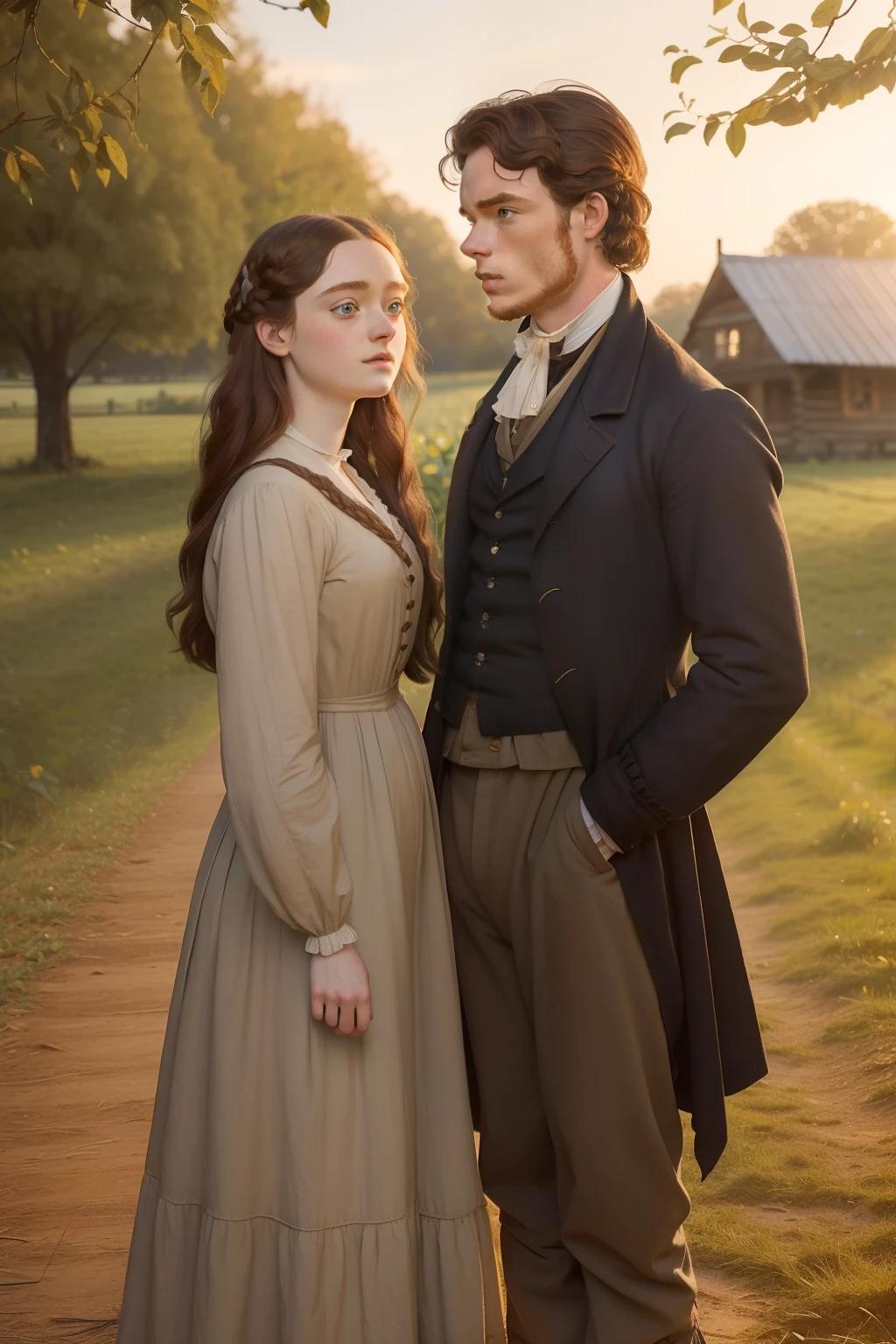 year: 1841. Location: Illinois. Pre-Raphaelite scene with a 23-year-old ((Richard Madden)), with Dakota Fanning, in an orchard, holding hands, romantic, ((((Clothing from the 1840s)))) ((Hairstyle of the 1840s)), ((("OMITB" cinematography)))