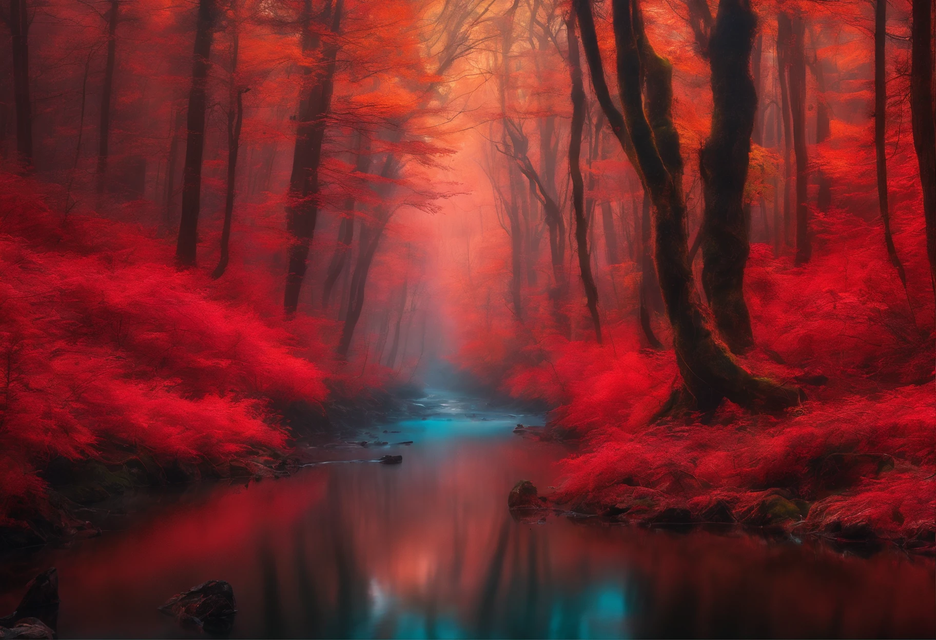The view of the autumn foliage forest trail, Red Forest, autumn forest, red illuminating fog, in a red dream world, really beautiful forest, Beautiful forest, Beautiful hazy wood, red - toned mist, breath-taking beautiful trees, breath - taking beautiful trees, red fog, beautiful forests and trees, Vivid but dull red, red trees