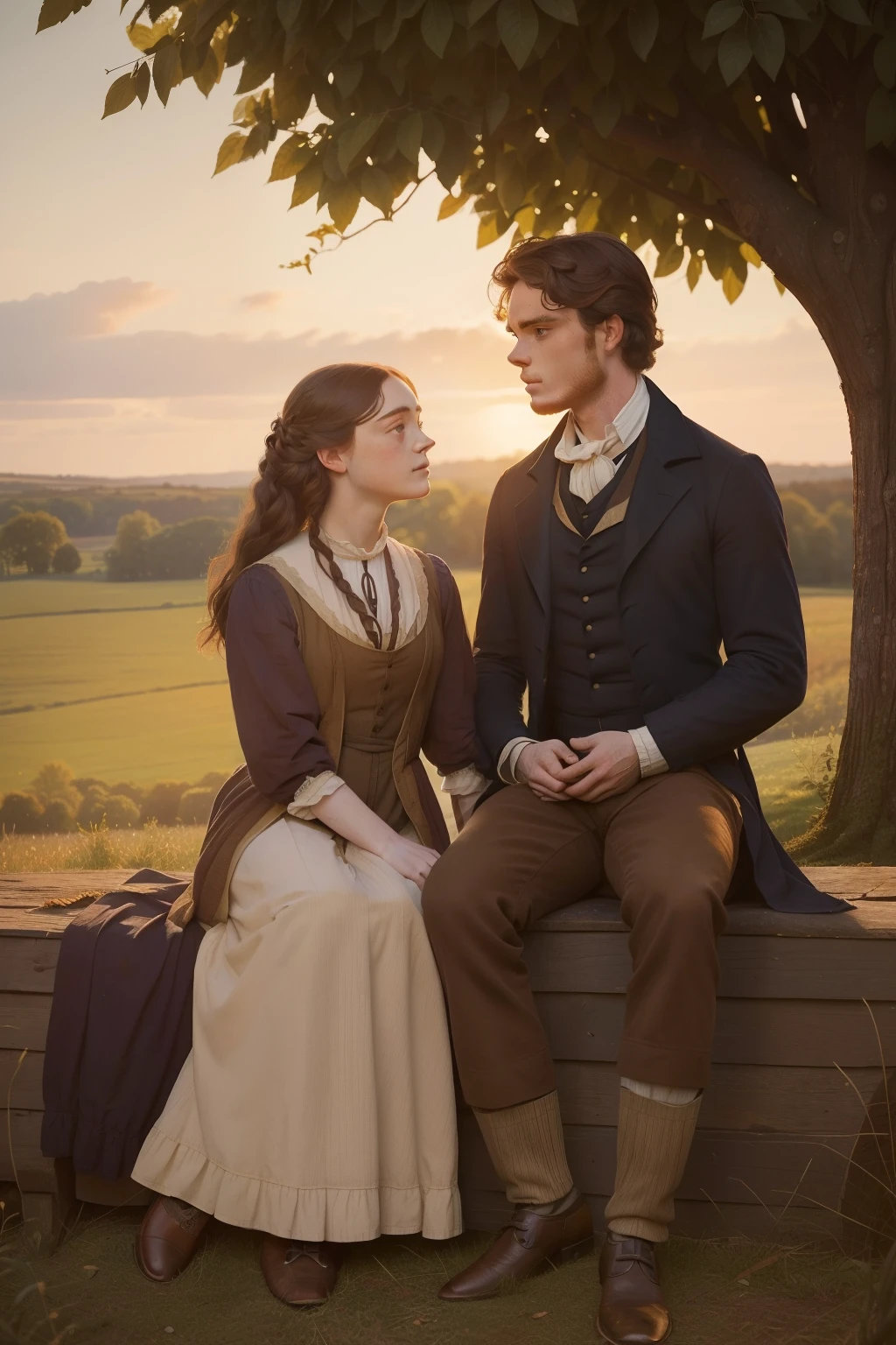 year: 1841. Location: Illinois. Pre-Raphaelite scene with a 23-year-old ((Richard Madden)), with Dakota Fanning, in an orchard, in front of a wooden cabin, ((((Clothing from the 1840s)))) ((Hairstyle of the 1840s)), ((("OMITB" cinematography)))