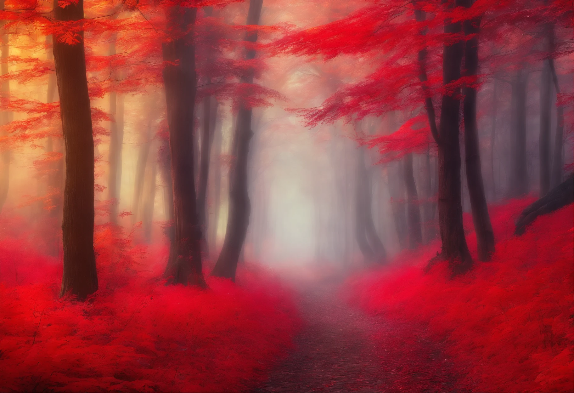 The view of the autumn foliage forest trail, Red Forest, autumn forest, red illuminating fog, in a red dream world, really beautiful forest, Beautiful forest, Beautiful hazy wood, red - toned mist, breath-taking beautiful trees, breath - taking beautiful trees, red fog, beautiful forests and trees, Vivid but dull red, red trees