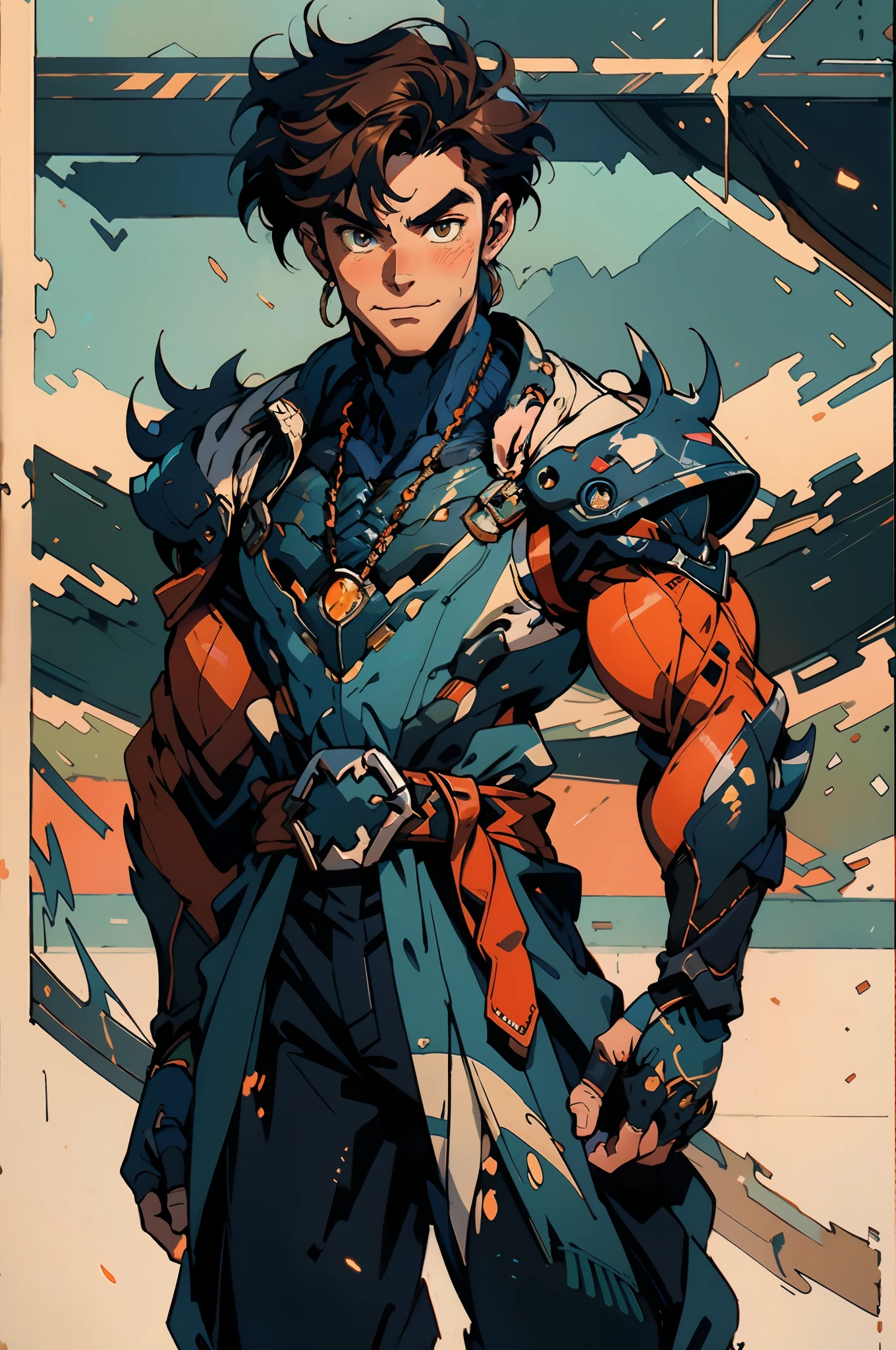 A young man with short orange-brown hair, a wild hairstyle, knife-like thick eyebrows, bright and spirited big eyes, a fearless expression, a smile at the corner of his mouth, he wears a bizarre fantasy surreal-style chest armor with scales textures, wearing a dark bodysuit underneath, fingerless gloves, a beautifully crafted fur belt around his waist, matching coarse cloth trousers, undaunted and wild posture, the background depicts a torn sky and earth, this character embodies a finely crafted fantasy surreal-style in anime style, characterized by an exquisite and mature manga illustration art style, high definition, best quality, highres, ultra-detailed, ultra-fine painting, extremely delicate, professional, anatomically correct, symmetrical face, extremely detailed eyes and face, high quality eyes, creativity, RAW photo, UHD, 8k, Natural light, cinematic lighting, masterpiece-anatomy-perfect, masterpiece:1.5