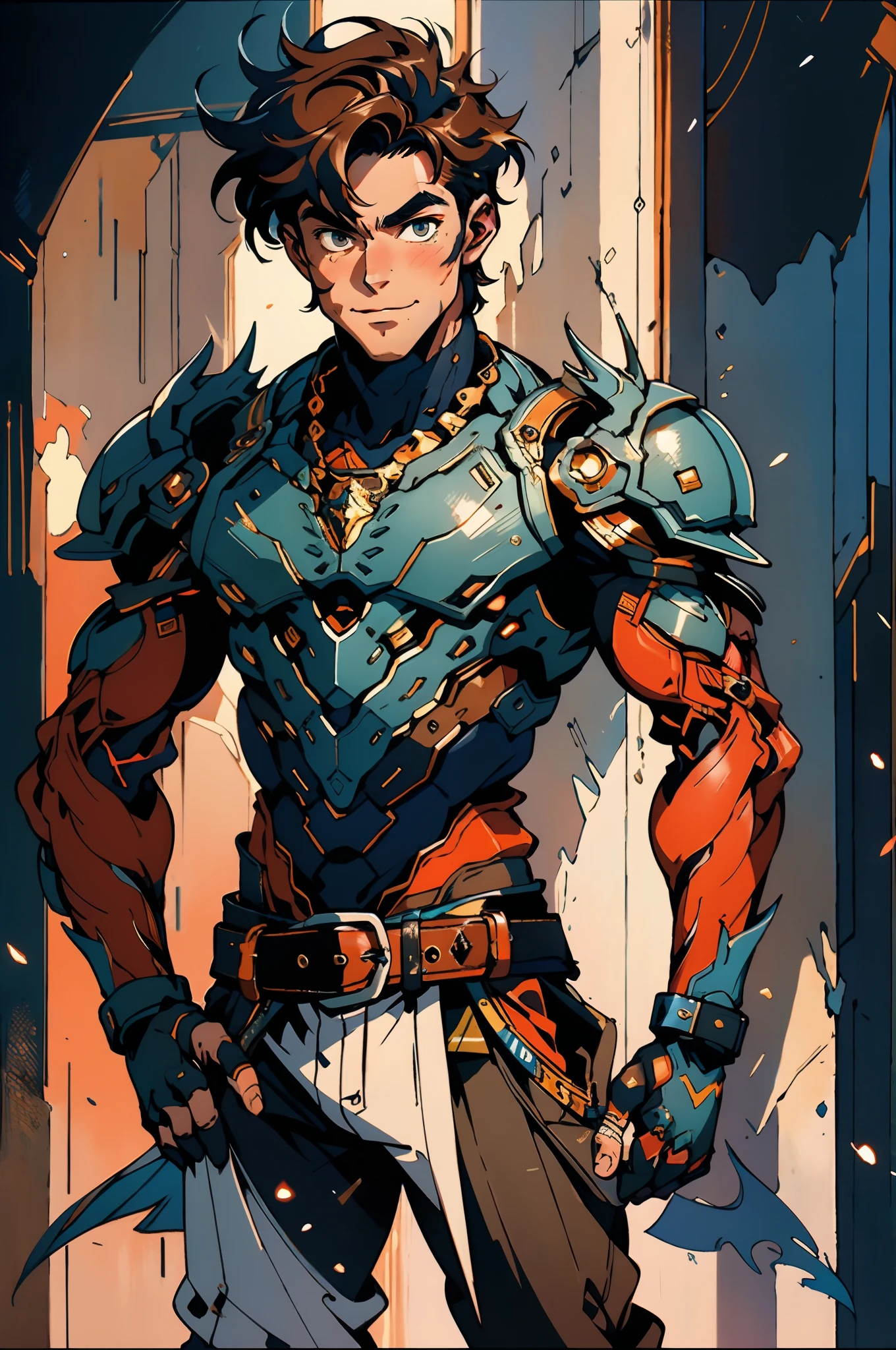A young man with short orange-brown hair, a wild hairstyle, knife-like thick eyebrows, bright and spirited big eyes, a fearless expression, a smile at the corner of his mouth, he wears a bizarre fantasy surreal-style chest armor with scales textures, wearing a dark bodysuit underneath, fingerless gloves, a beautifully crafted fur belt around his waist, matching coarse cloth trousers, undaunted and wild posture, the background depicts a torn sky and earth, this character embodies a finely crafted fantasy surreal-style in anime style, characterized by an exquisite and mature manga illustration art style, high definition, best quality, highres, ultra-detailed, ultra-fine painting, extremely delicate, professional, anatomically correct, symmetrical face, extremely detailed eyes and face, high quality eyes, creativity, RAW photo, UHD, 8k, Natural light, cinematic lighting, masterpiece-anatomy-perfect, masterpiece:1.5